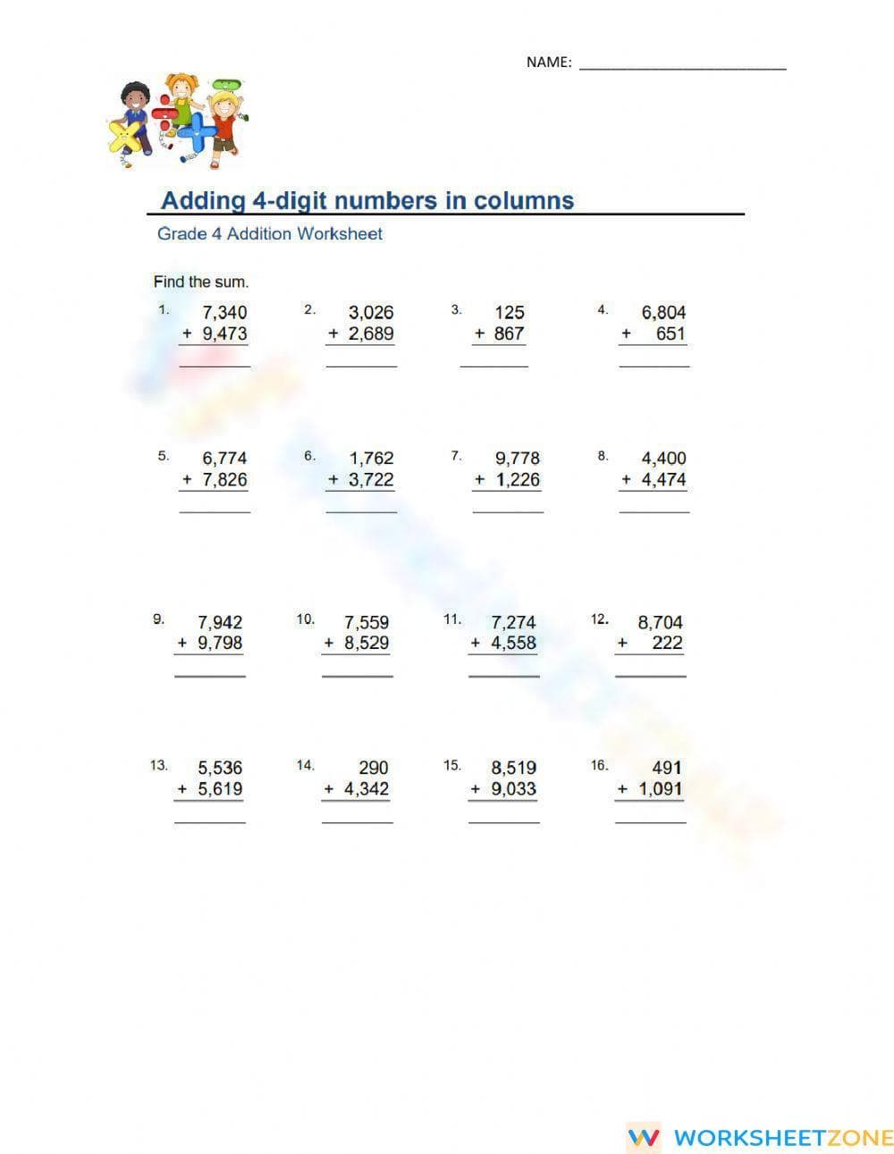 Adding 4-Digit Numbers in Columns - Page 1