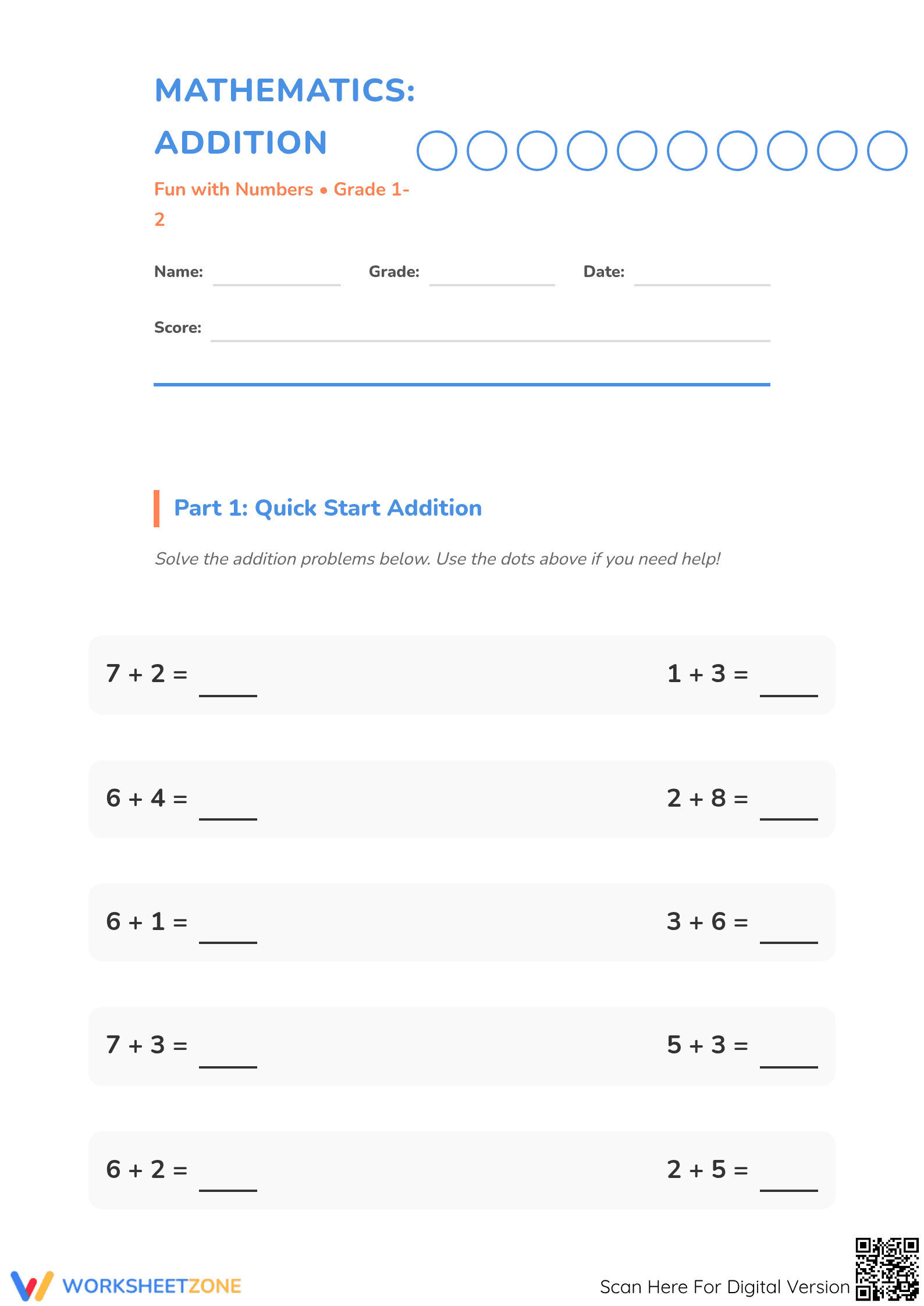 Printable Addition Facts Worksheet | Grade 1-2 Math - Page 1