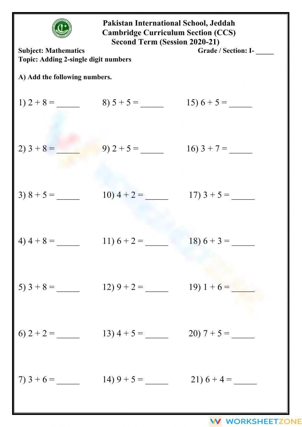 Adding 2 Single Digit Numbers: Basic Addition - Page 1