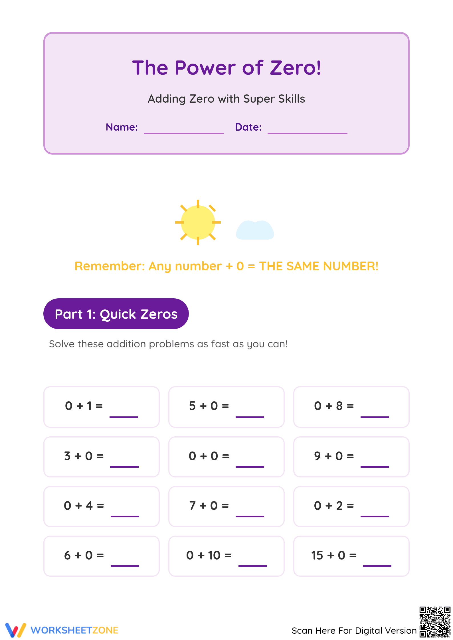Printable Addition with Zero Worksheet | Grade K Math - Page 1