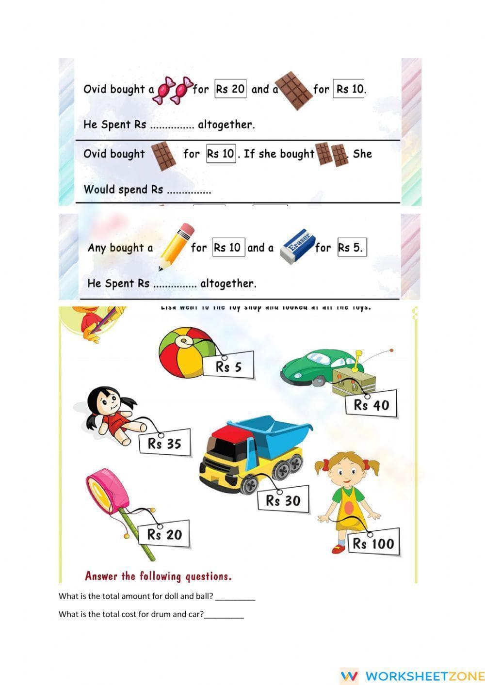 Addition Using Money Worksheet for Practical Skills - Page 1