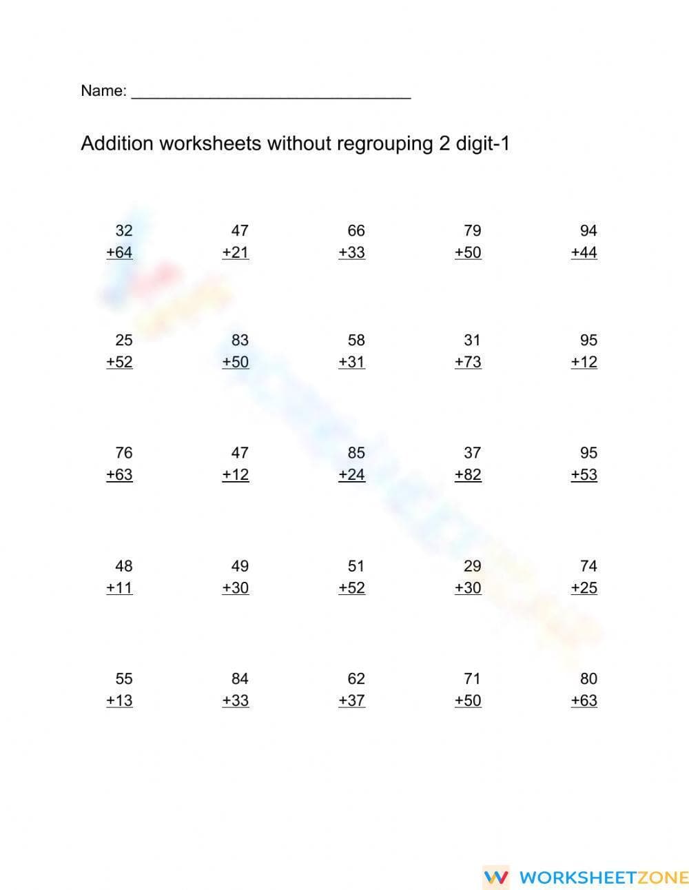 2-Digit Addition Without Regrouping Worksheet - Page 1