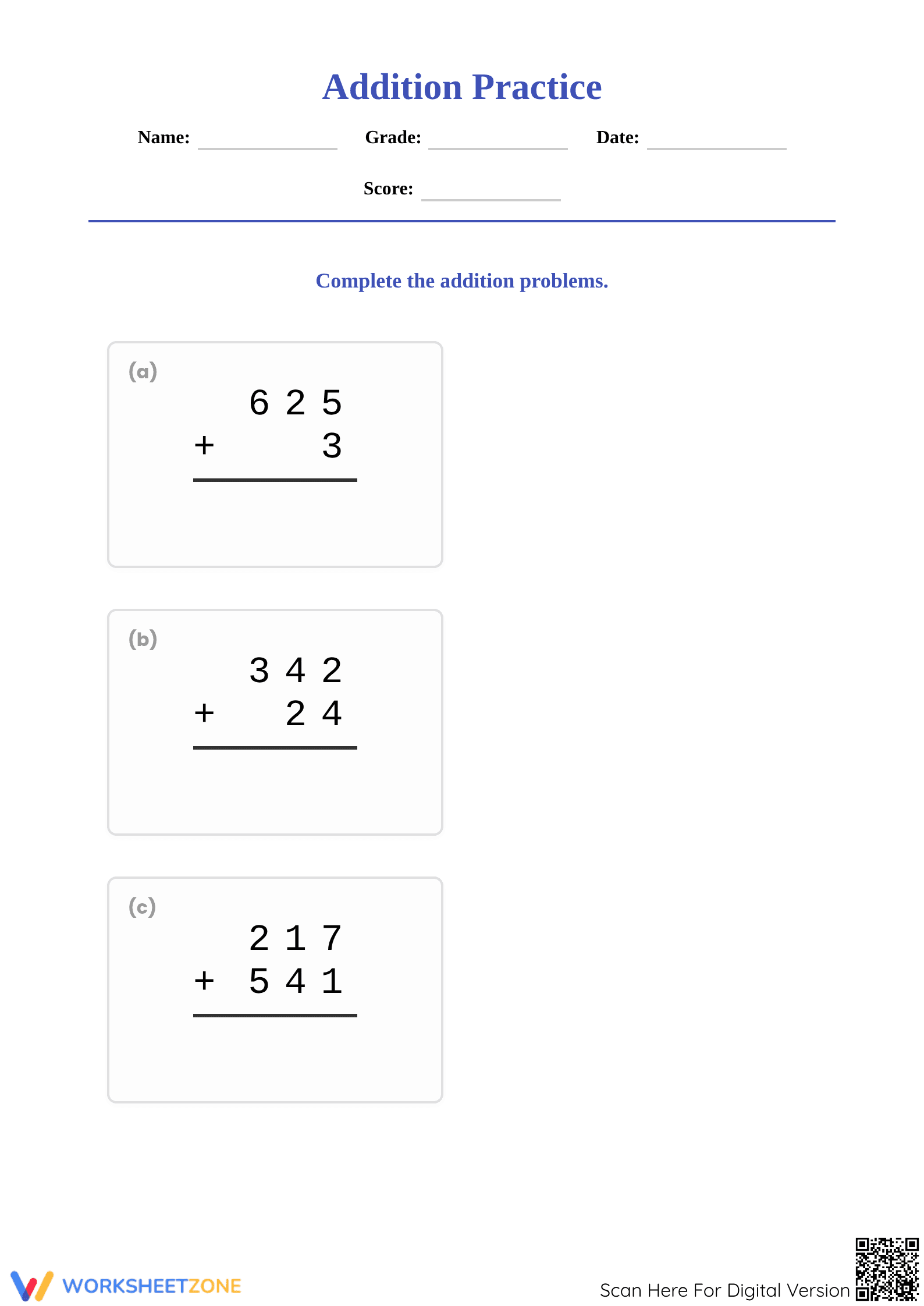 3-Digit Addition Practice | Grade 3 Printable Worksheet - Page 1