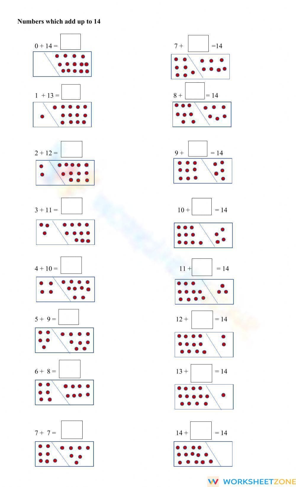 Adding Up to 14 Worksheet for Math Practice - Page 1