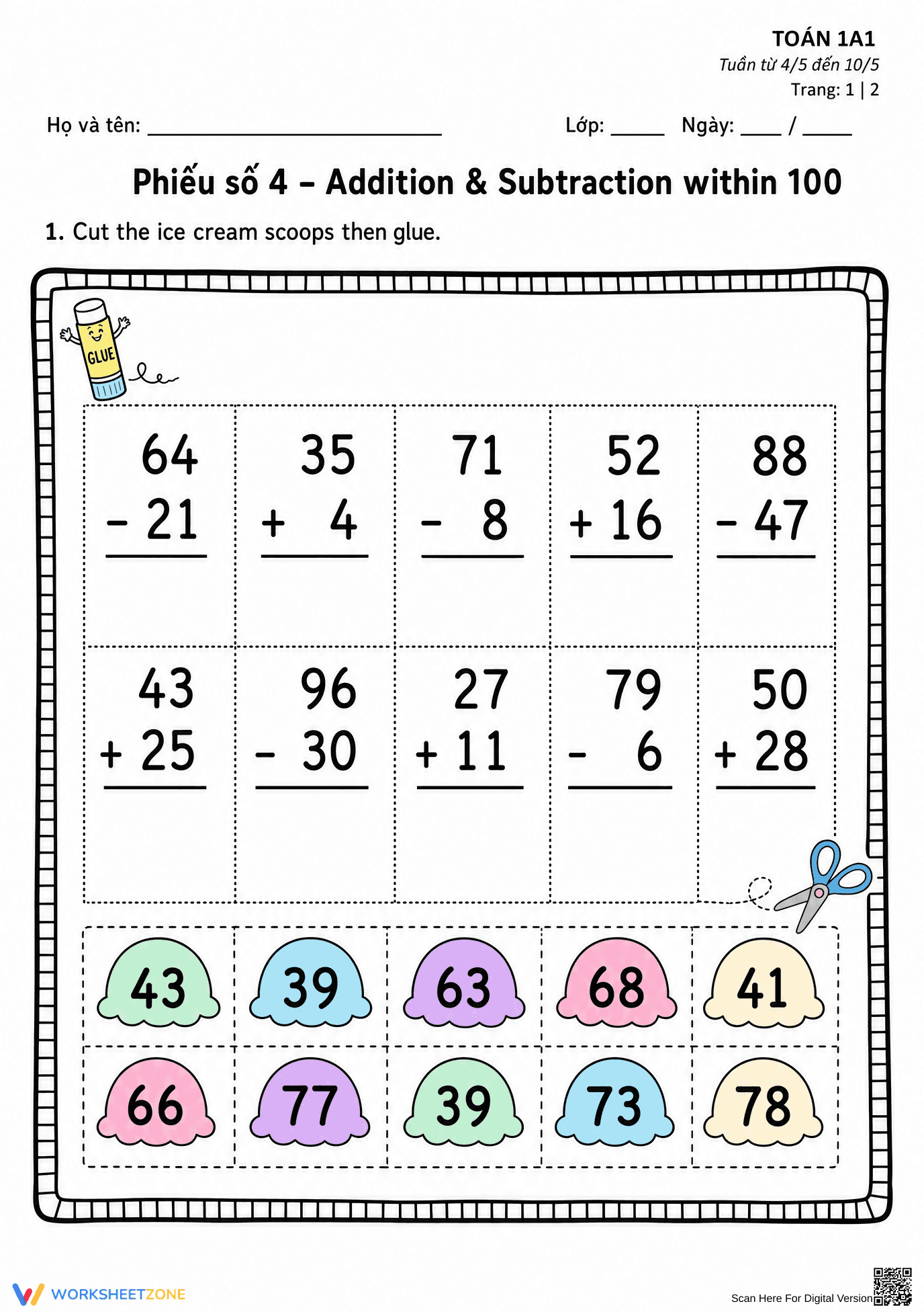 Printable Addition & Subtraction Within 100 Worksheet - Page 1