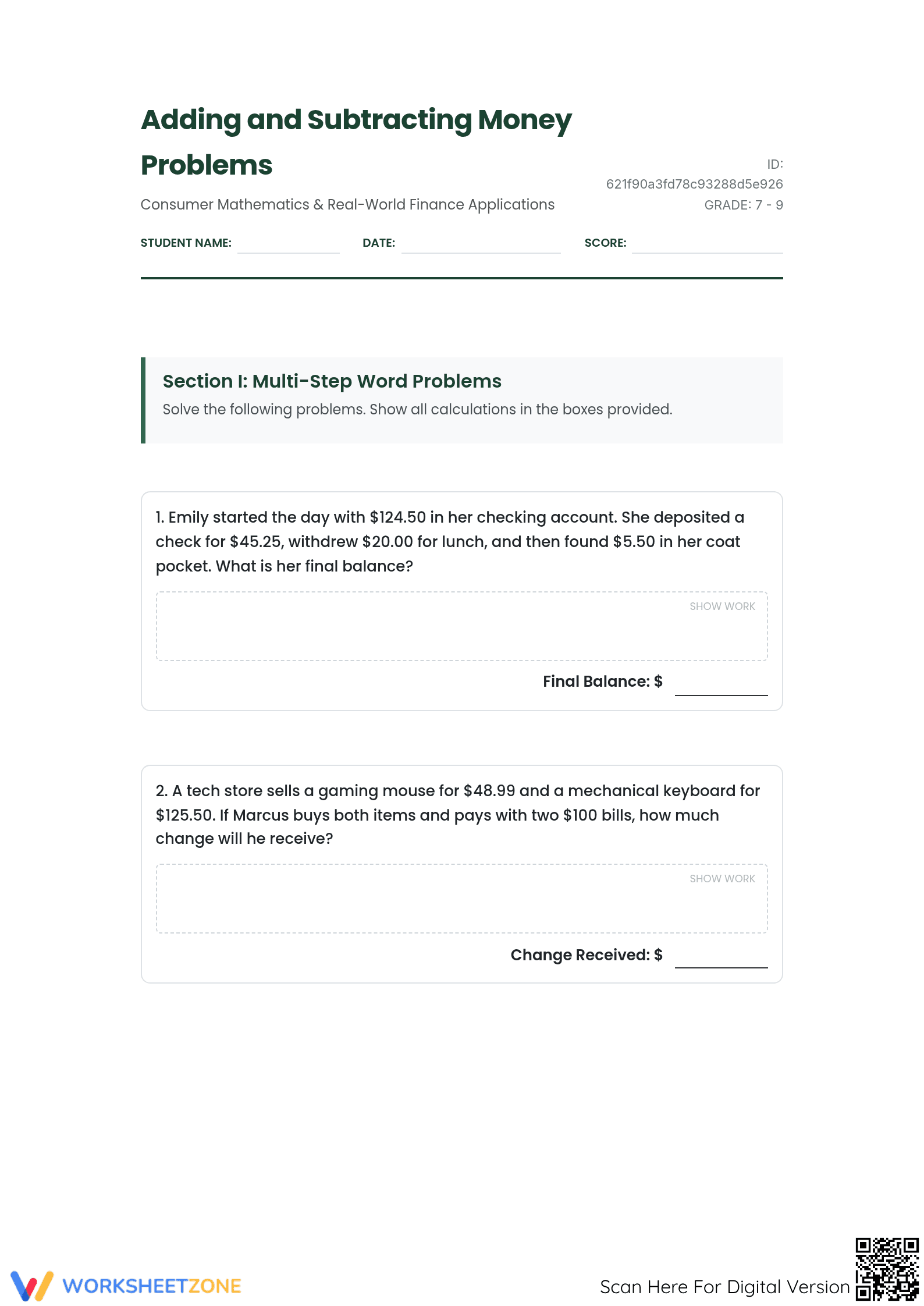 Grade 7 Money Problems: CCSS.MATH.7.EE.B.3 Aligned Worksheet - Page 1