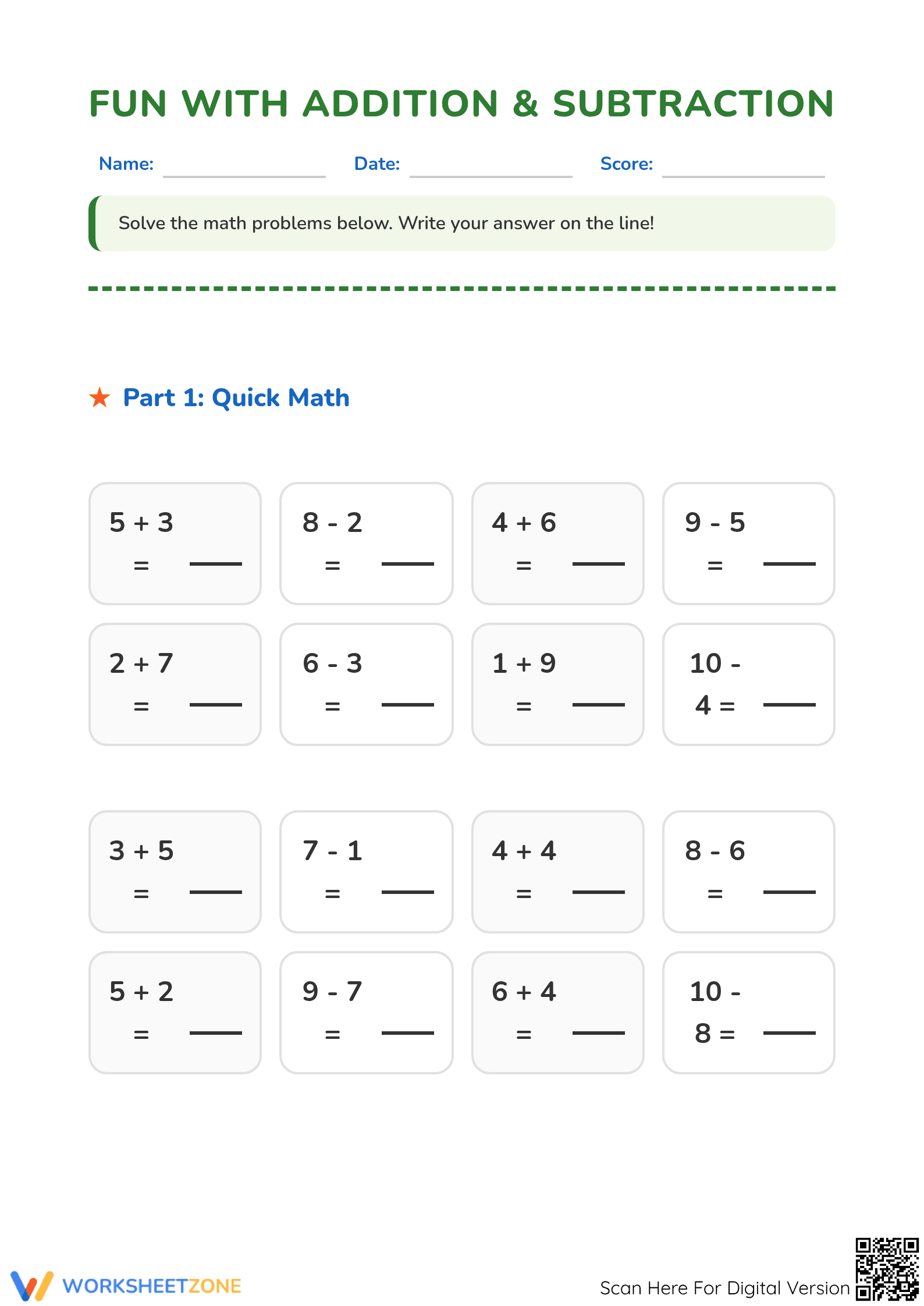 Essential Addition & Subtraction Worksheet | Grade 1-2 Math - Page 1