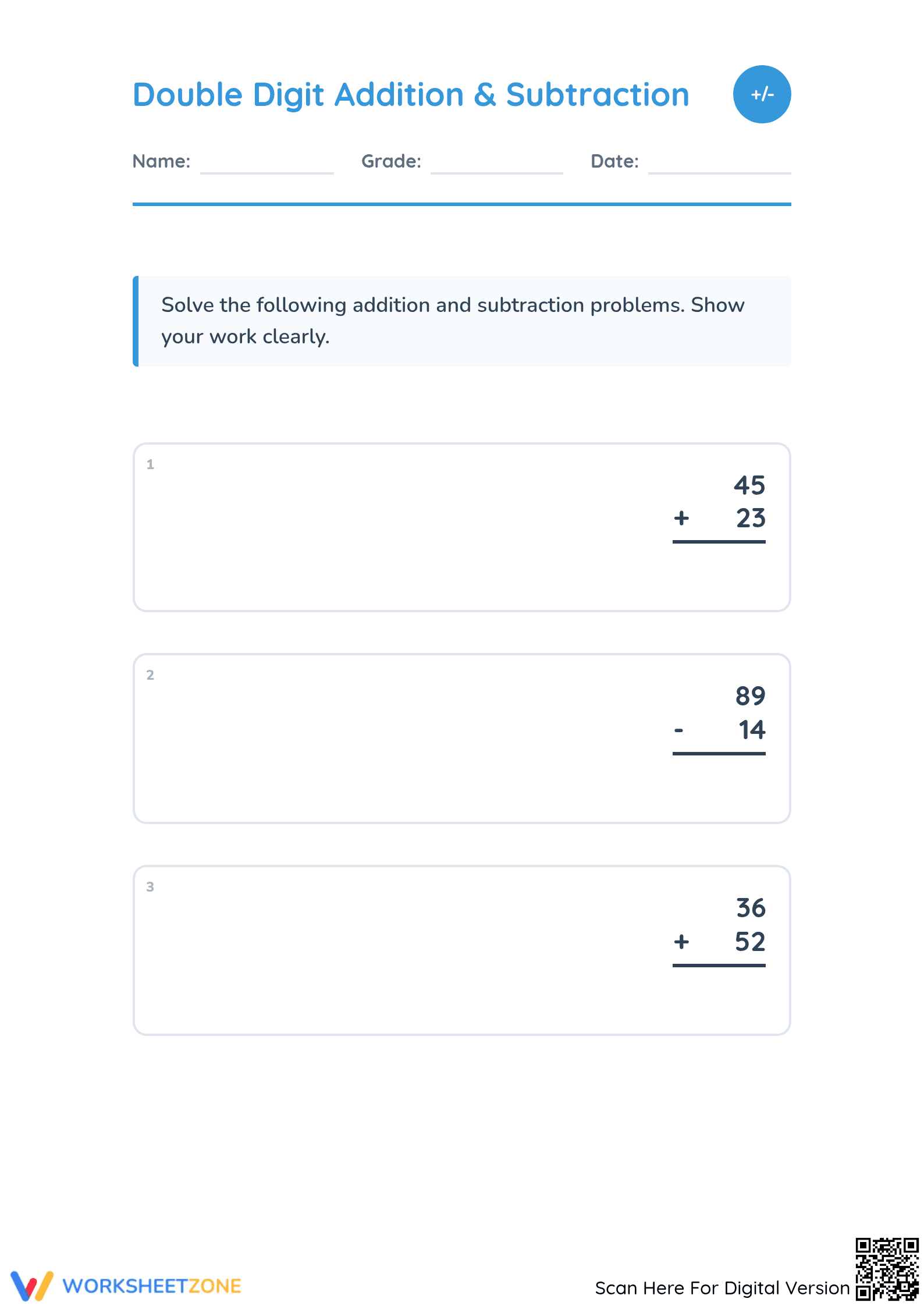 Grade 2 Double-Digit Math — Printable No-Prep Worksheet - Page 1