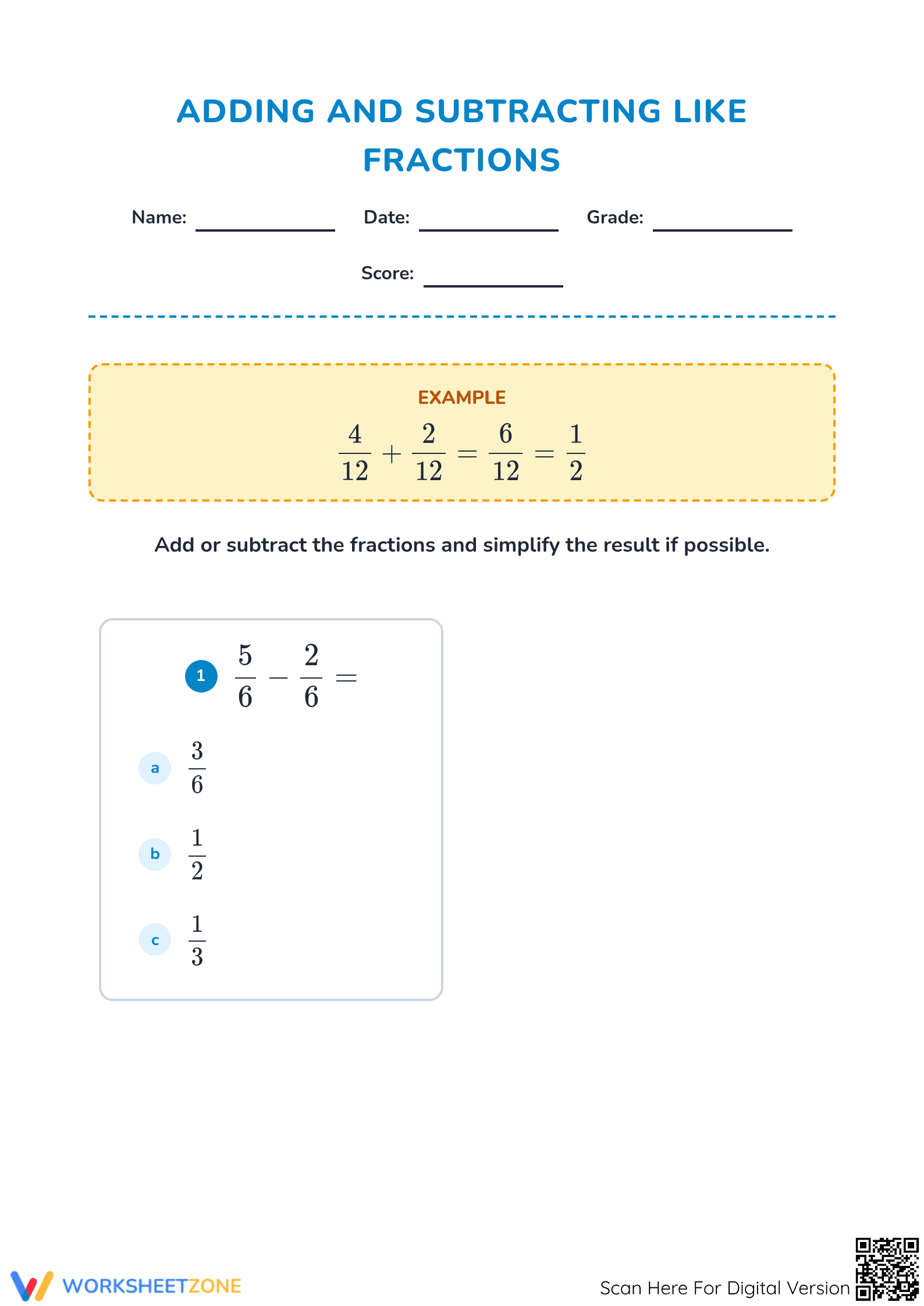 Grade 4 Like Fractions — Printable No-Prep Worksheet - Page 1