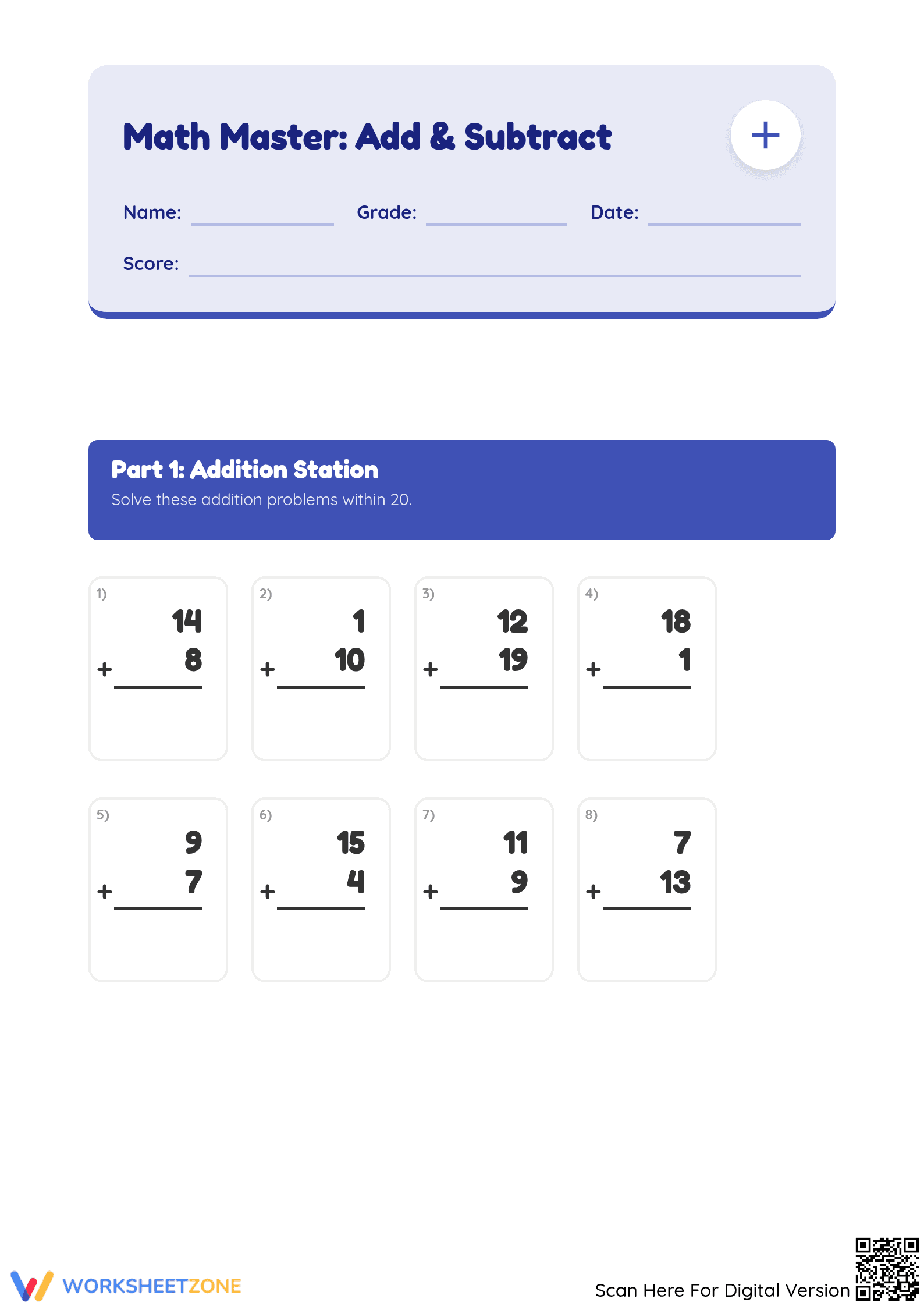 Printable Addition & Subtraction Worksheet | Grade 2 Math - Page 1