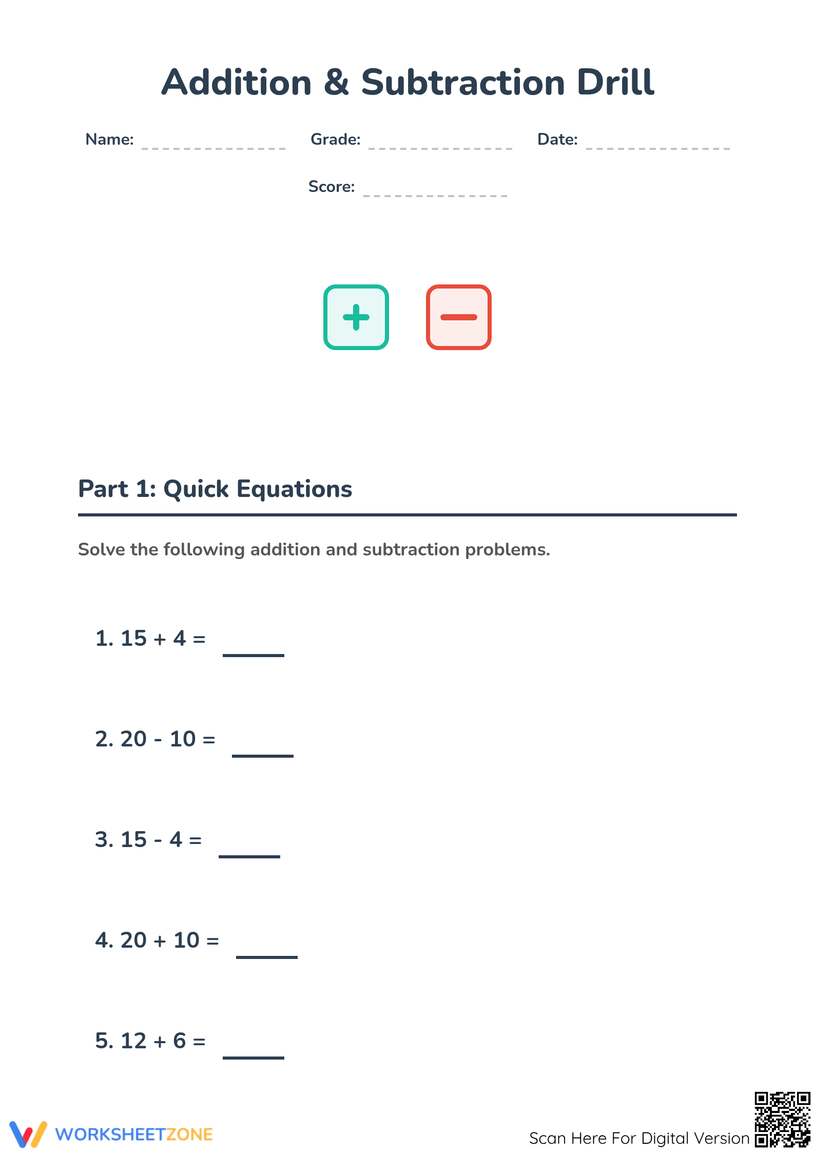 Essential Addition & Subtraction Drill | Grade 2 Math - Page 1