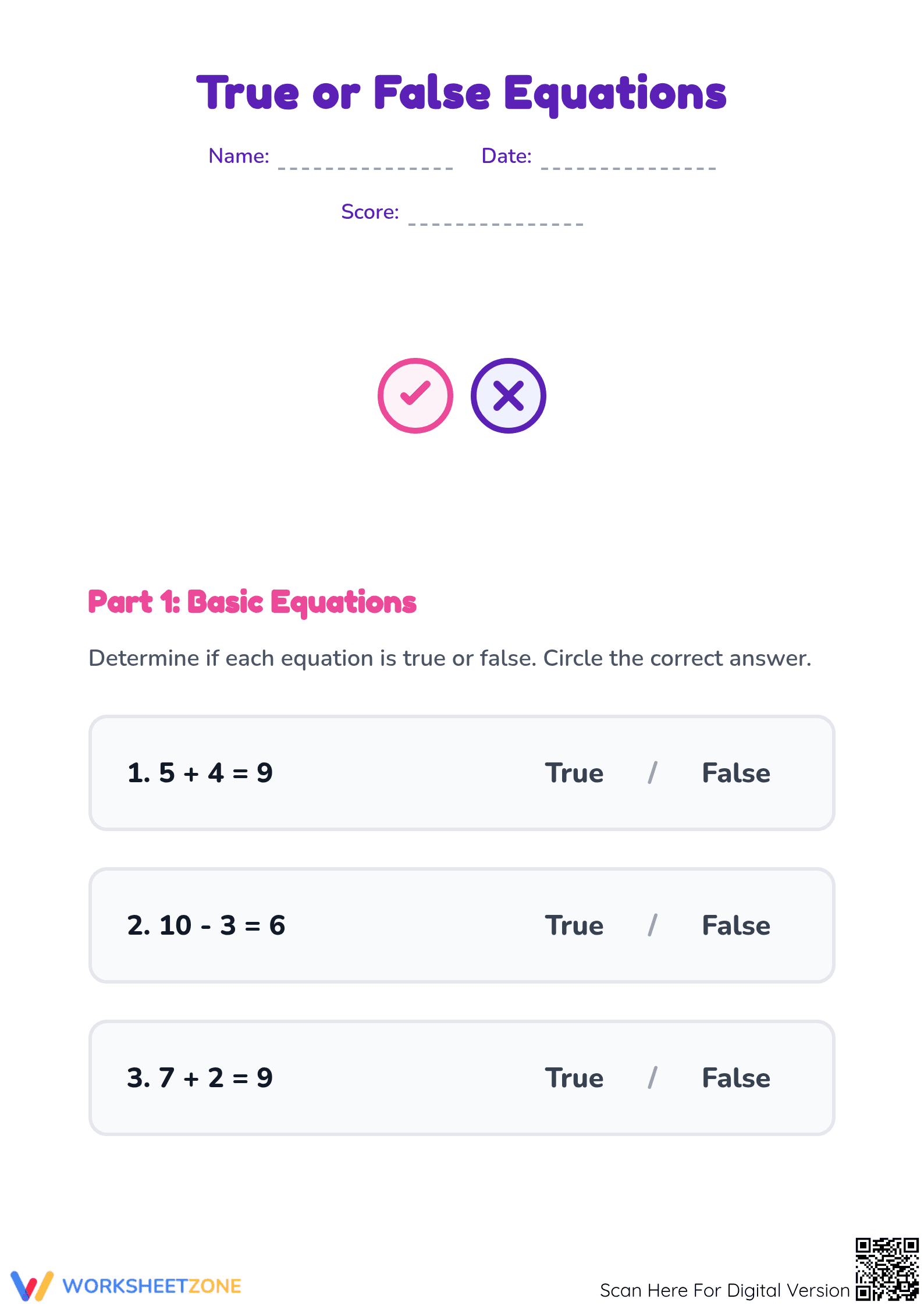 Printable True or False Equations Worksheet | Grade 2 - Page 1
