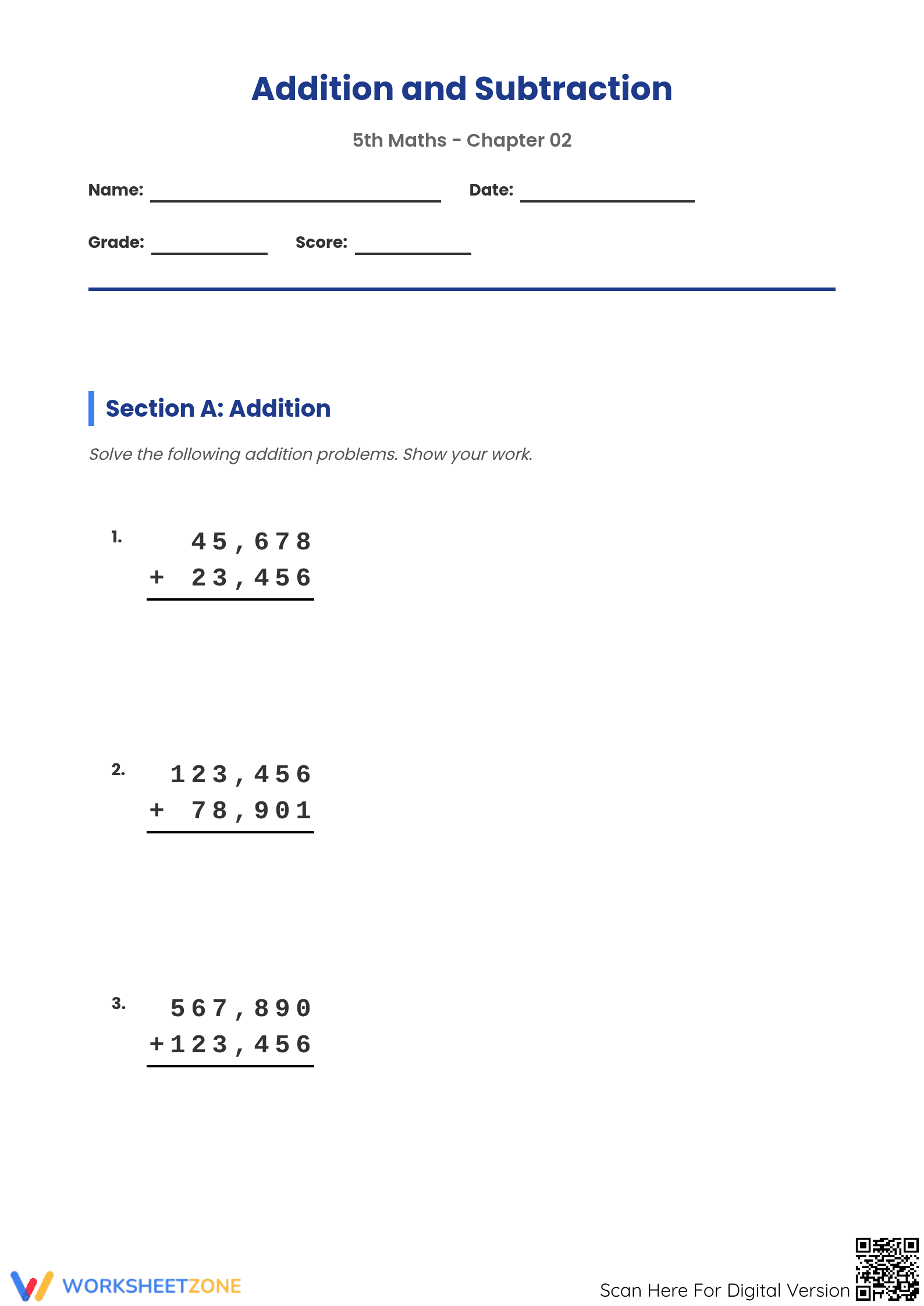 Printable Grade 5 Addition & Subtraction Worksheet - Page 1
