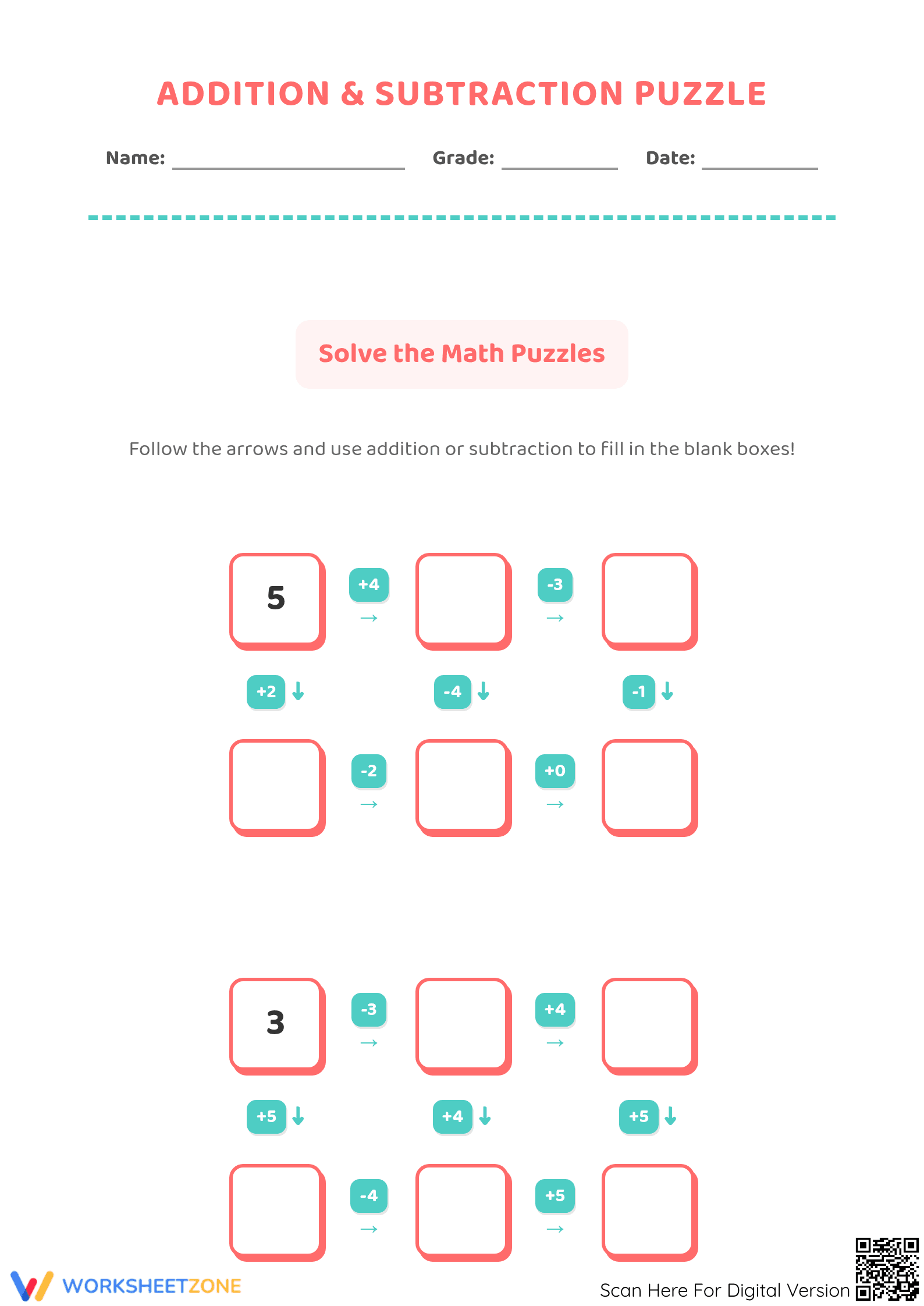 Printable Mixed Addition & Subtraction Puzzle | Grade 1 - Page 1