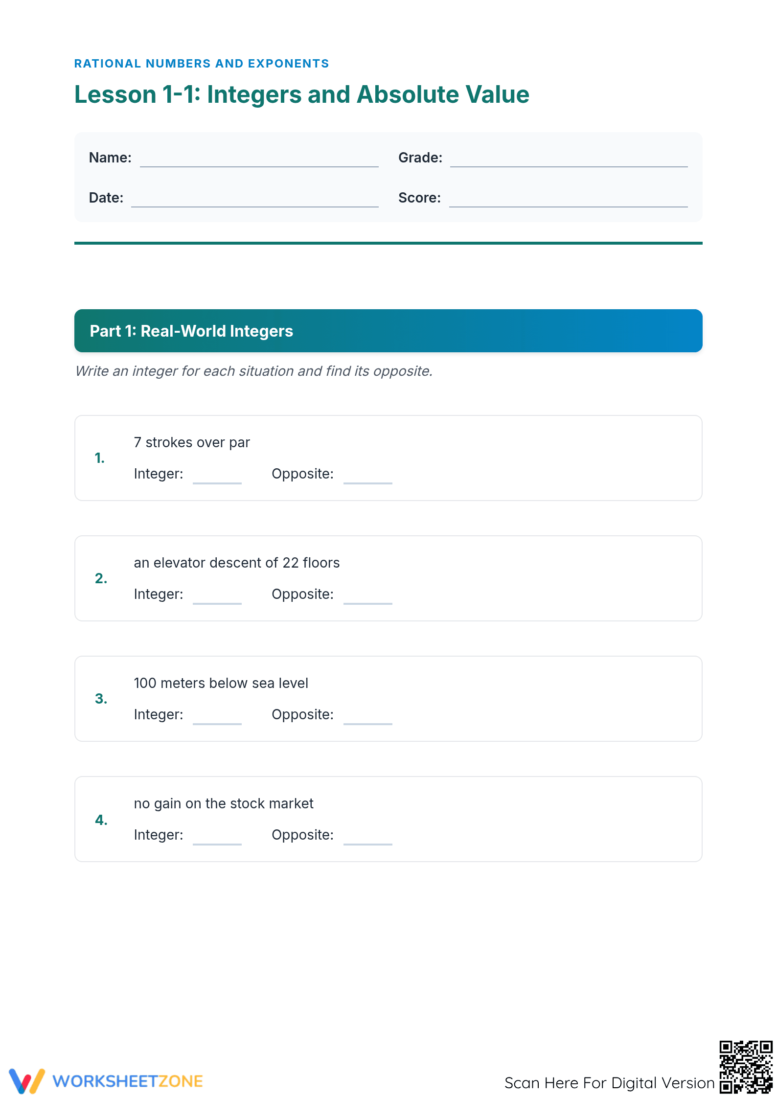 Printable Integers & Absolute Value Worksheet | Grade 6 Math - Page 1