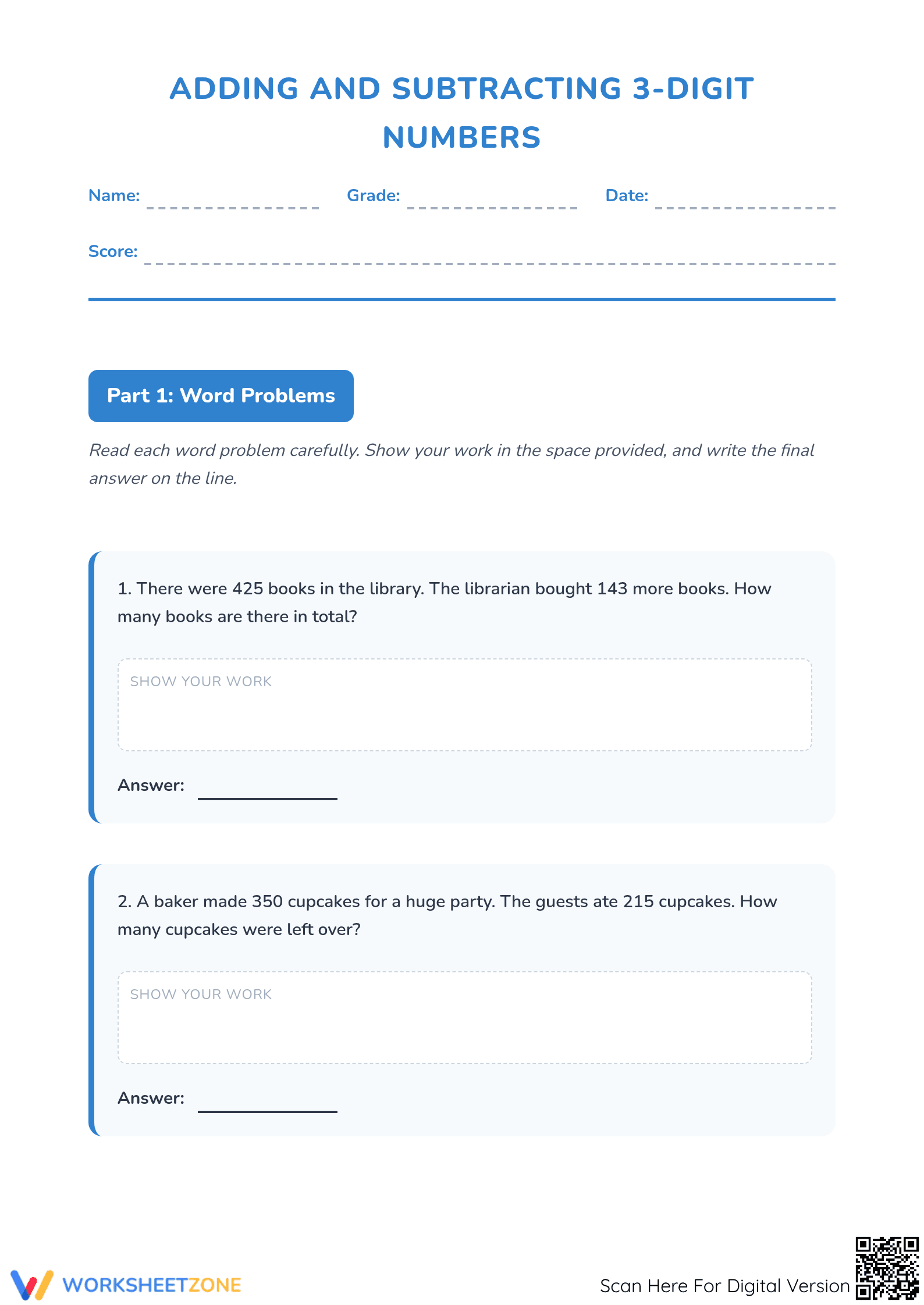Printable 3-Digit Addition and Subtraction Word Problems - Page 1