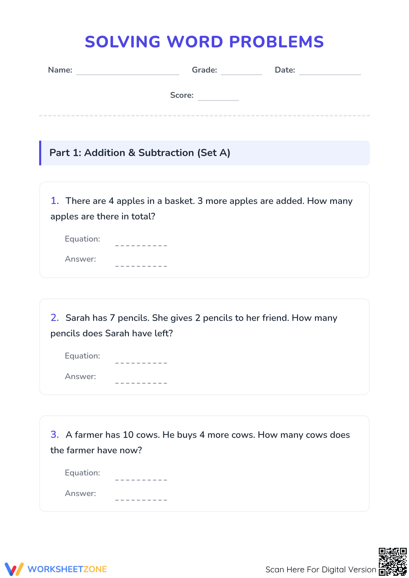 Printable Word Problems Worksheet | Grade 1 Math Addition - Page 1