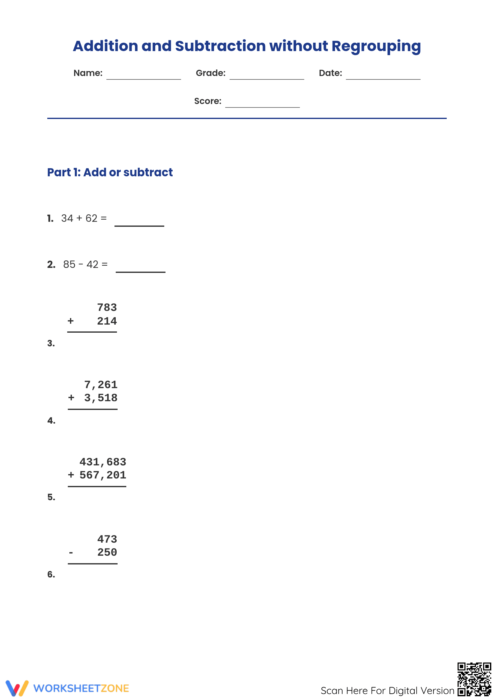 Essential Add & Subtract (No Regrouping) Grade 5/6 Worksheet - Page 1