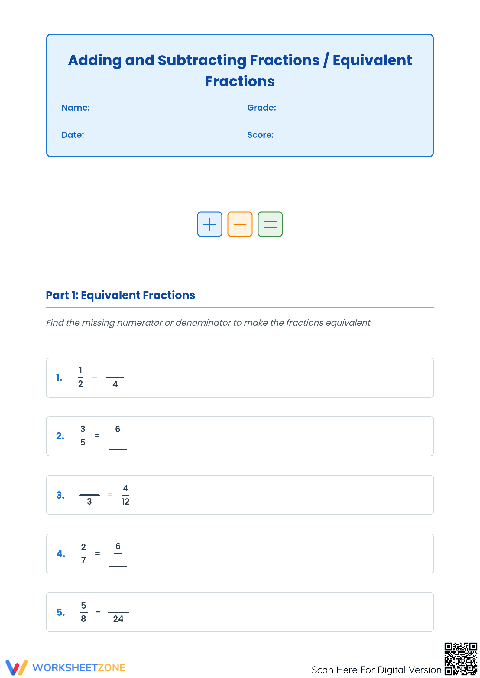 Essential Adding and Subtracting Fractions Grade 5 Worksheet - Page 1
