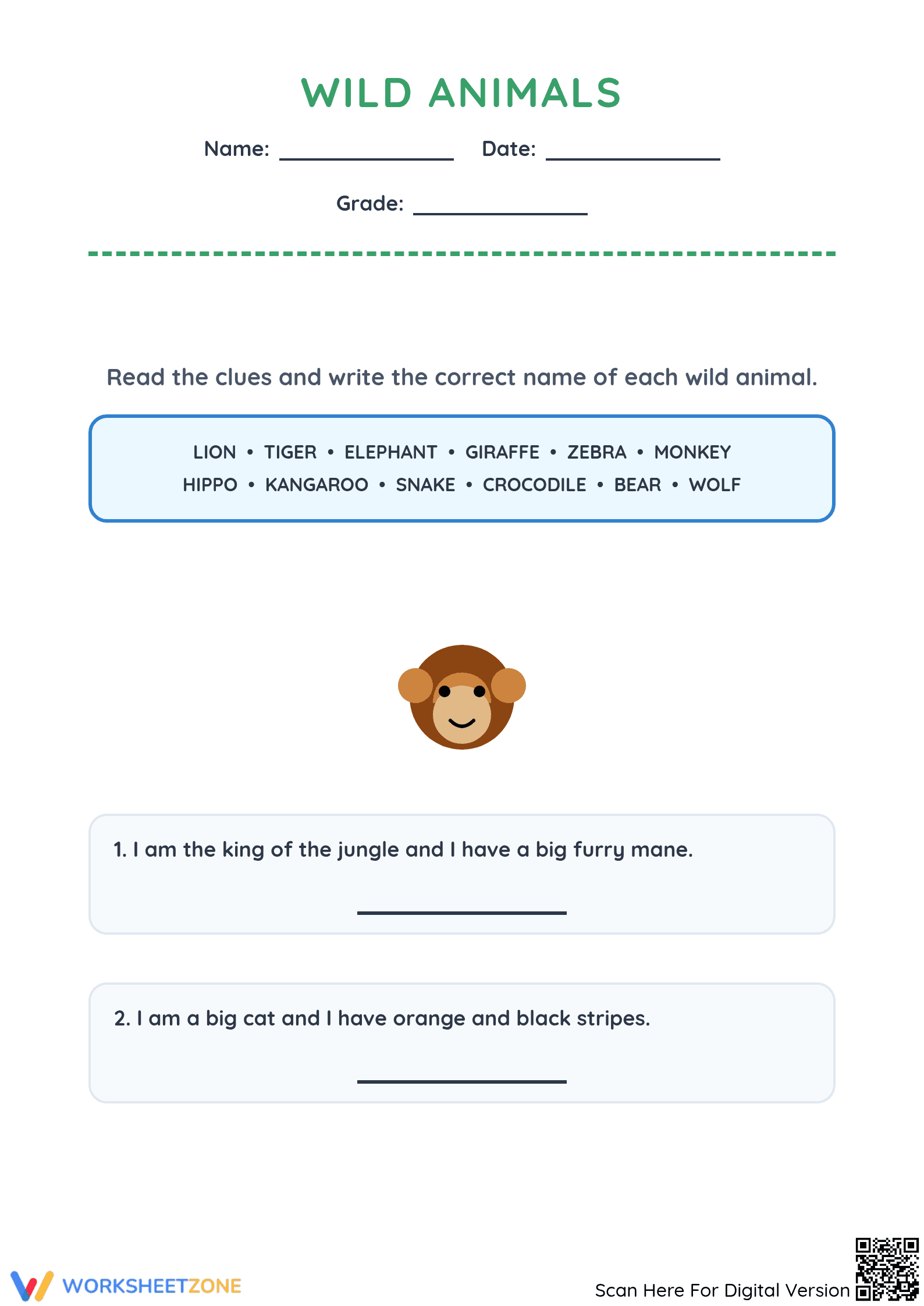 Essential Wild Animal Riddle Worksheet | Grade 1 Ready - Page 1