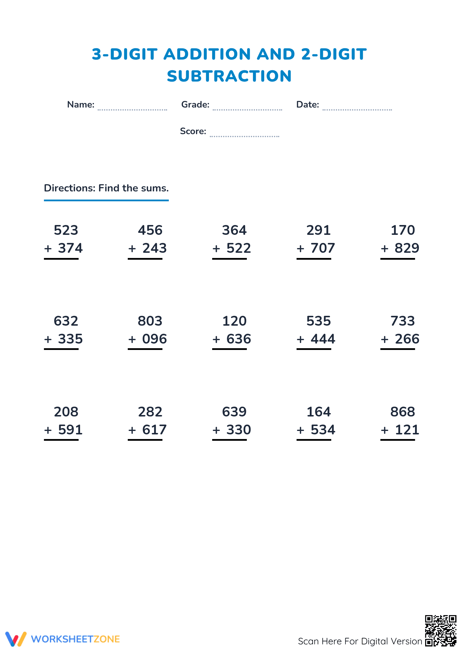 Printable 3-Digit Addition and 2-Digit Subtraction Worksheet - Page 1