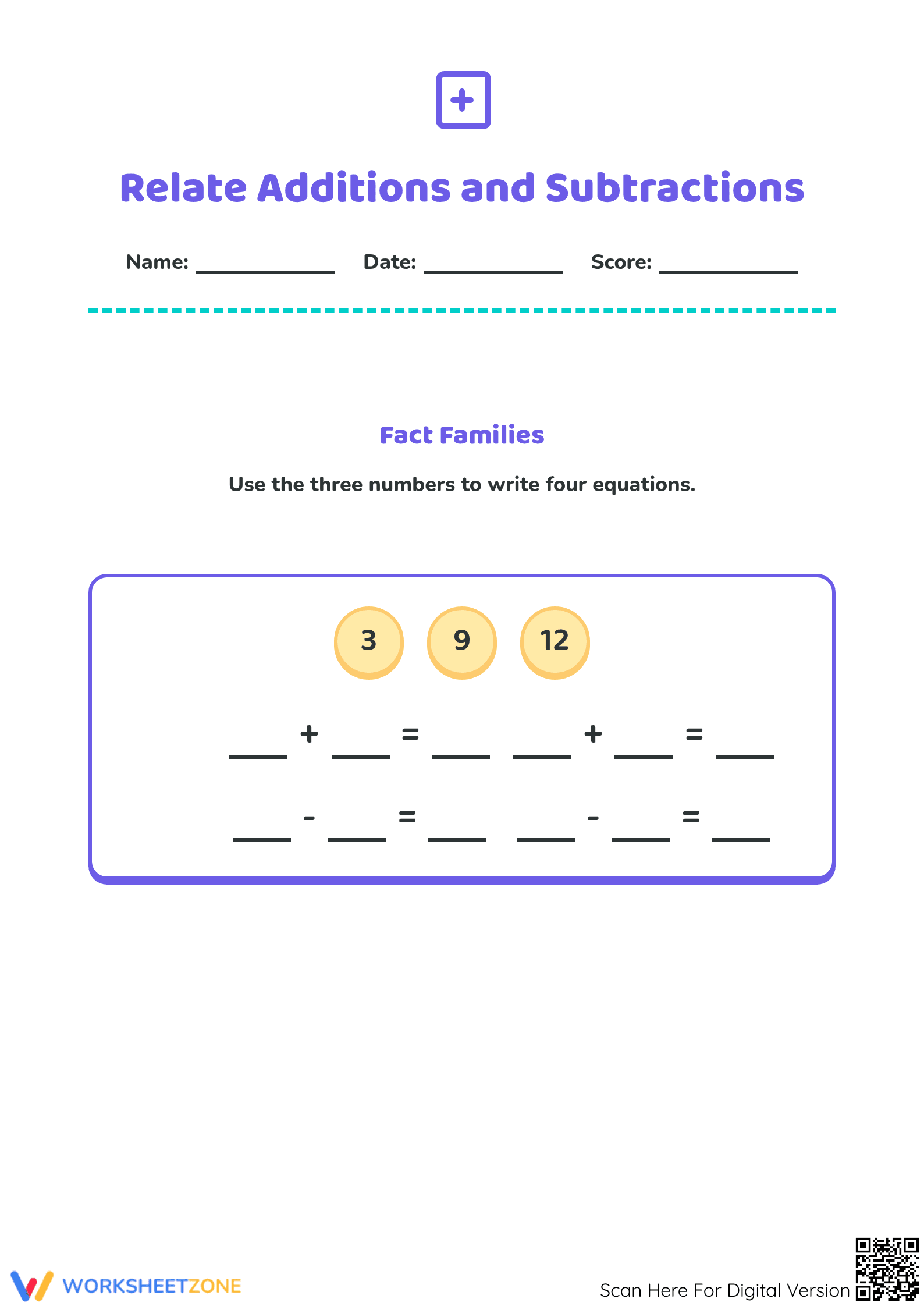 Essential Fact Families: Relate Addition and Subtraction - Page 1