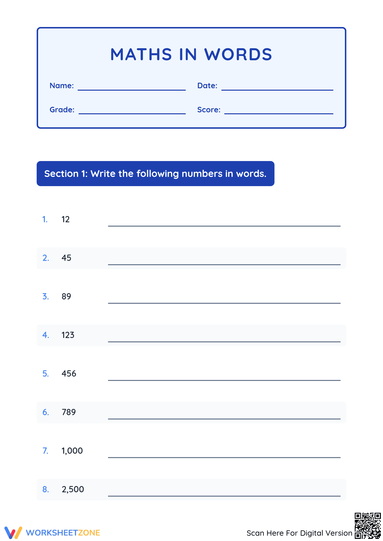 Essential Numbers in Words Worksheet | Grade 4 Math - Page 1