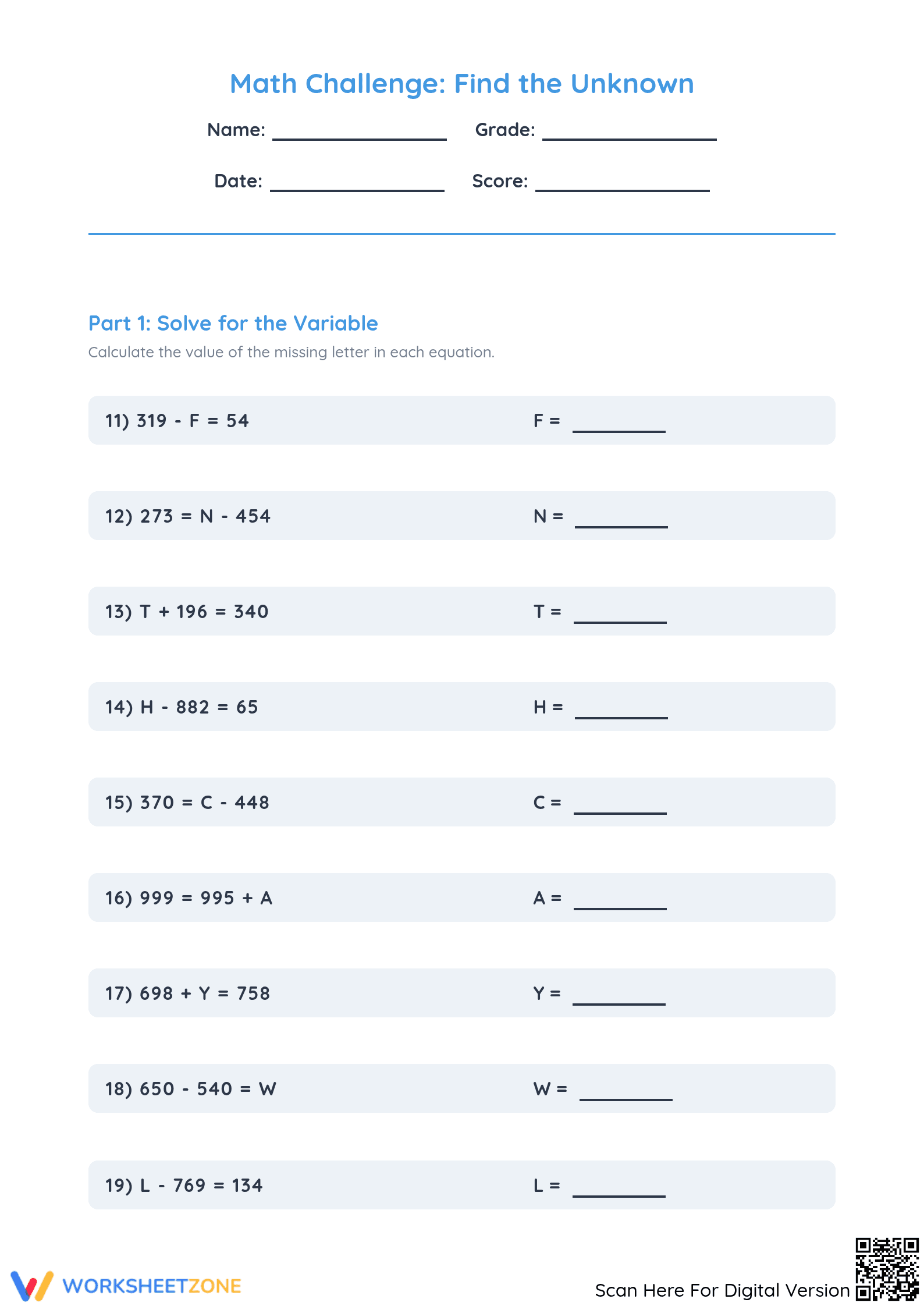 Essential Variable Equations Worksheet | Grade 4 Math - Page 1