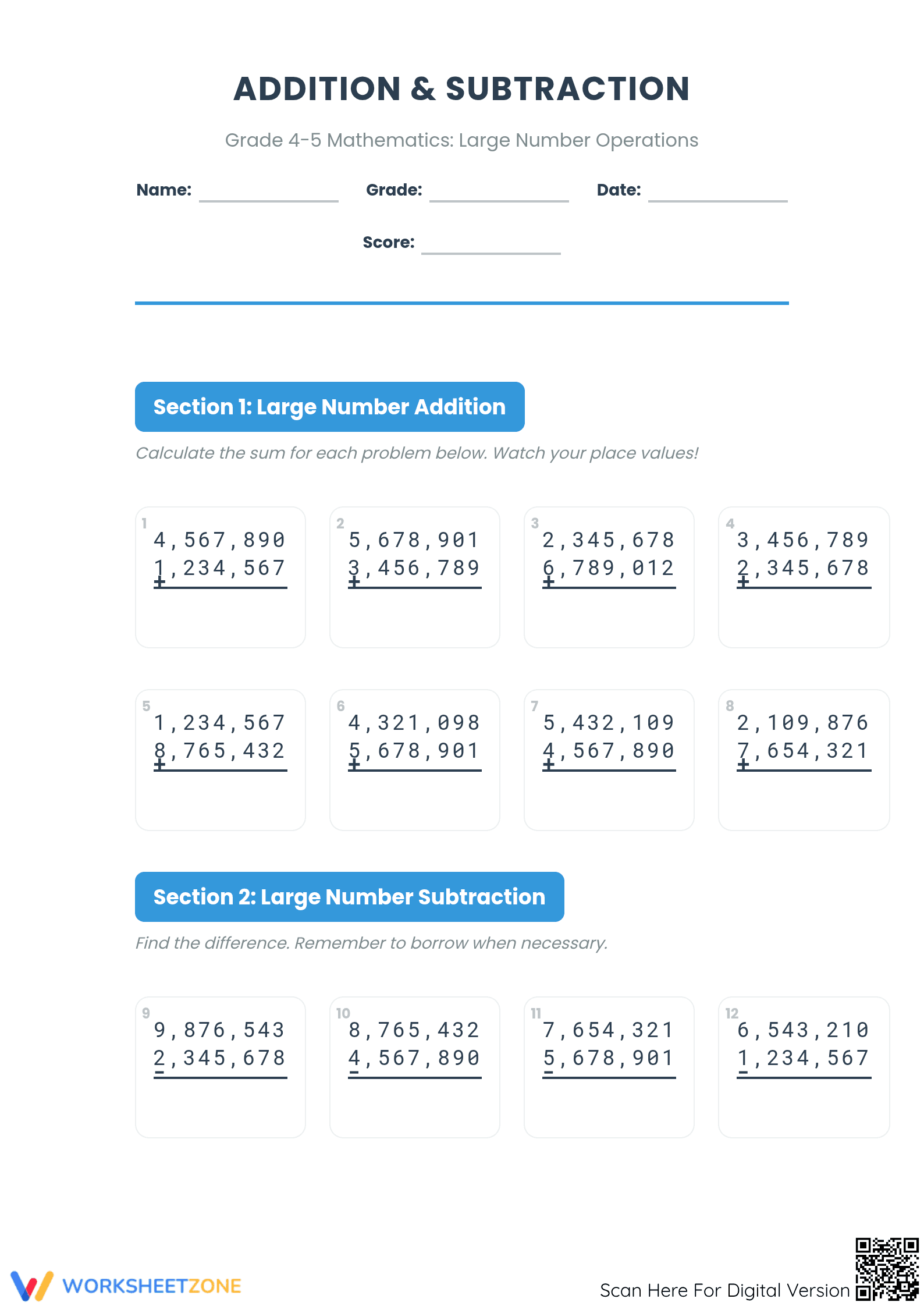 Essential Large Number Addition and Subtraction Worksheet - Page 1