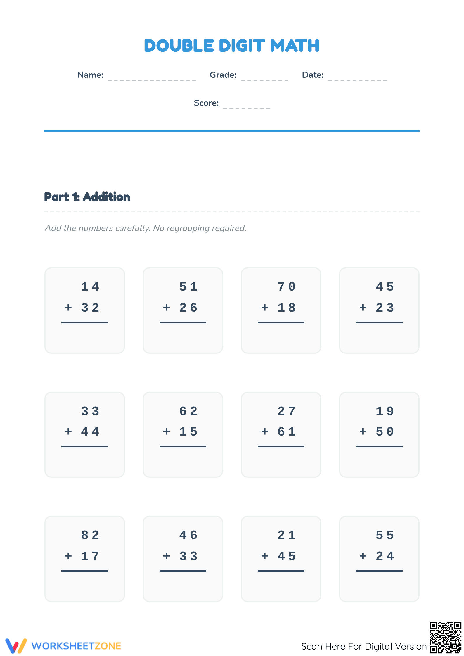 Grade 2 Double Digit Math — Printable No-Prep Worksheet - Page 1