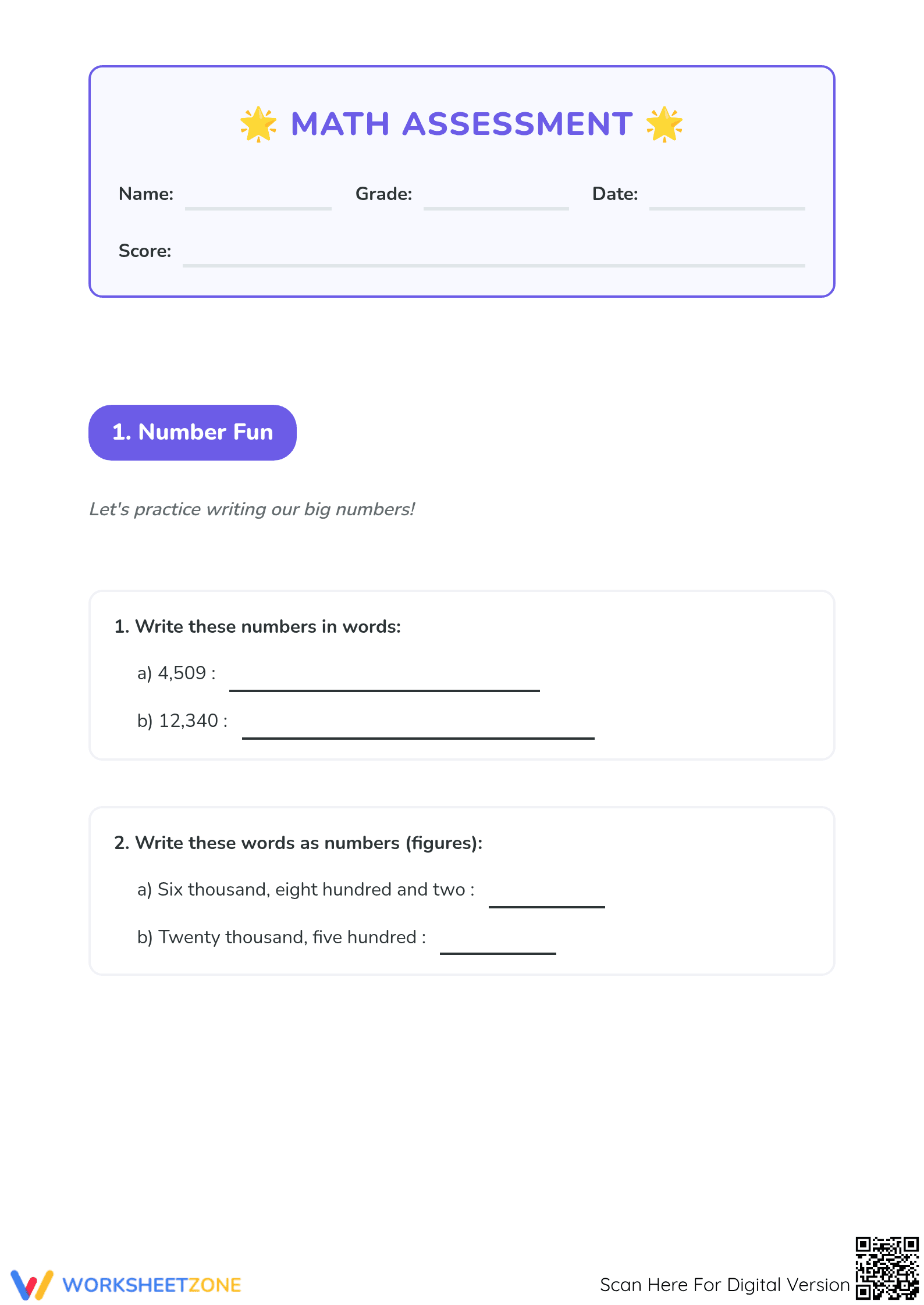 3.NBT.A.2 Worksheet: Math Assessment — Grade 3 Aligned - Page 1
