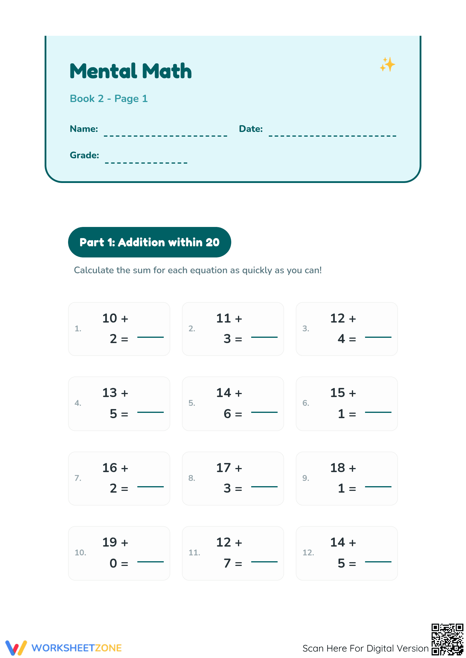 Essential Mental Math Fluency: Addition & Subtraction within 20 - Page 1