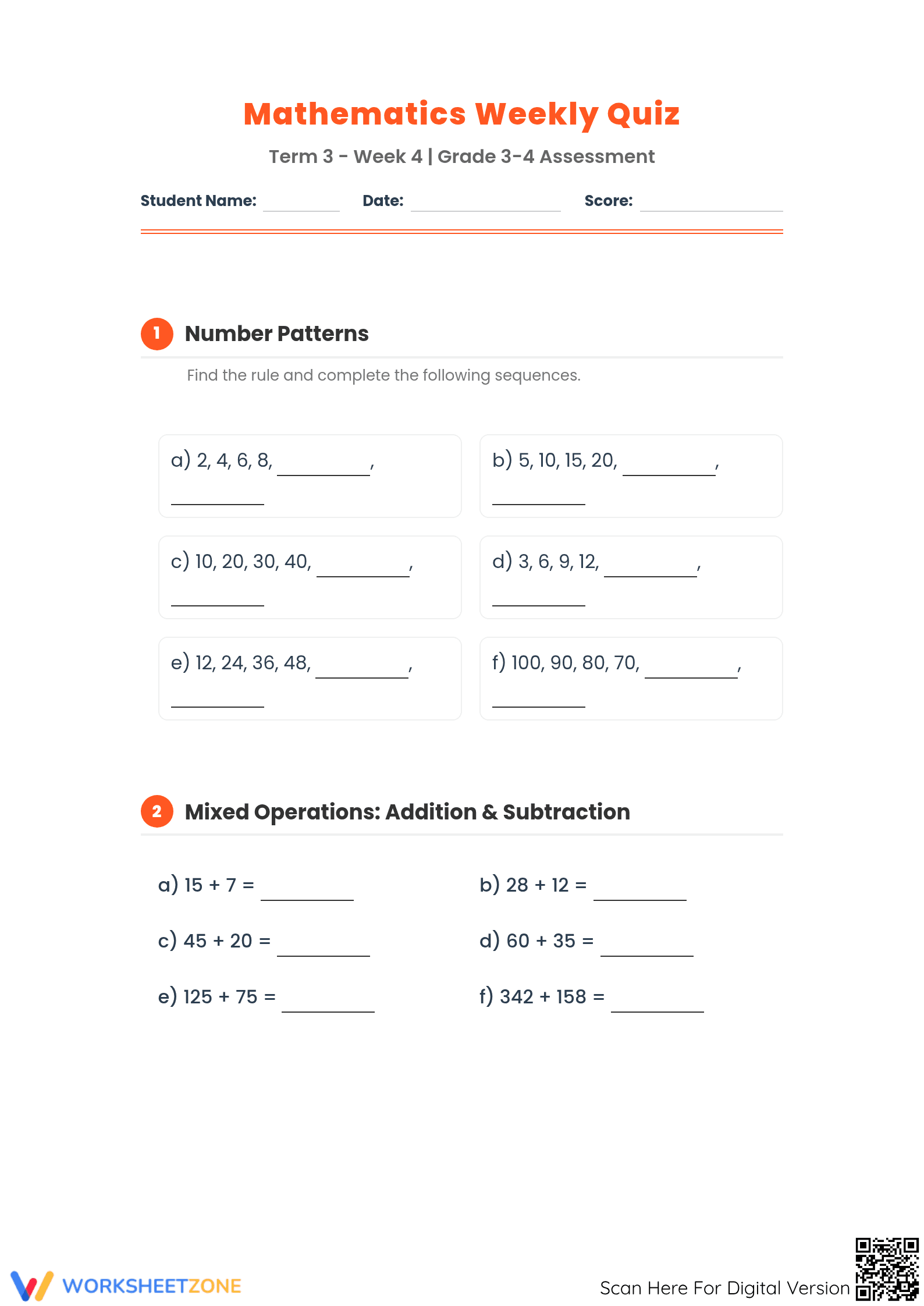 Essential Grade 3-4 Math Assessment | Aligned Weekly Quiz - Page 1