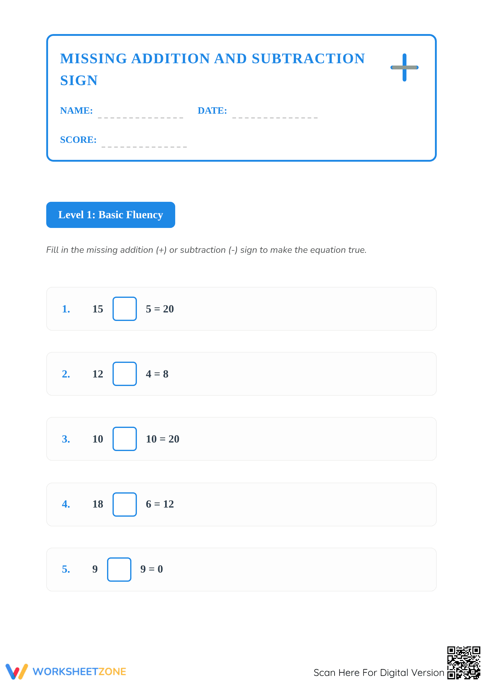 Missing Addition and Subtraction Sign Worksheet | Ready - Page 1