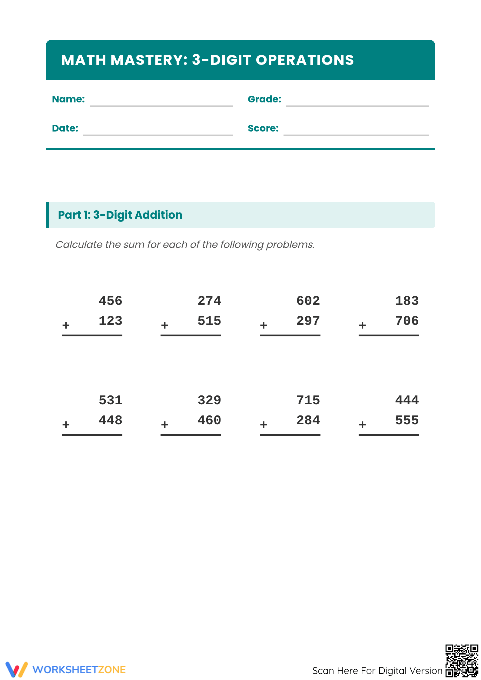 Essential 3-Digit Addition and Subtraction Practice Packet - Page 1