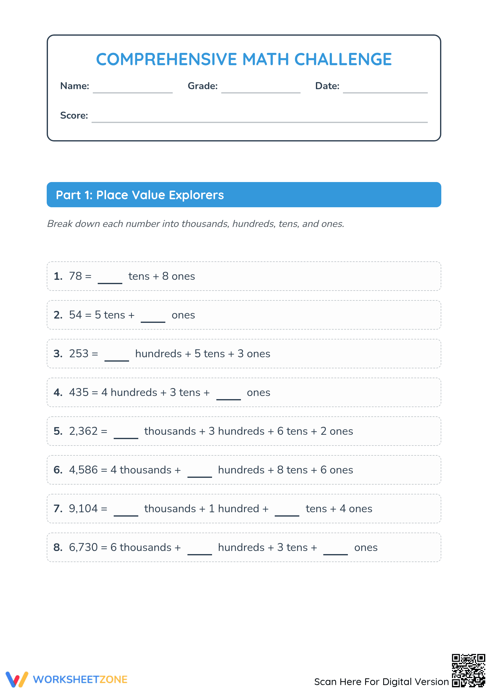 Essential Math Challenge Worksheet: Grade 4 Aligned - Page 1