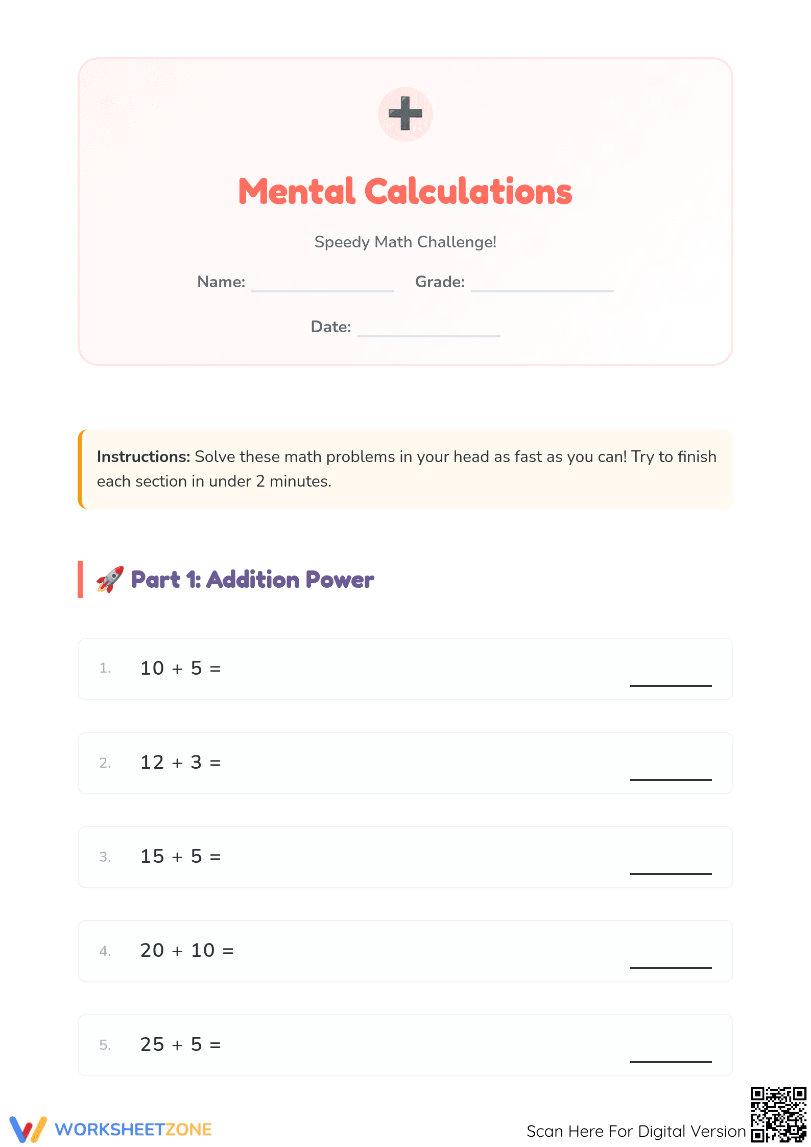 Essential Mental Math: Grade 1-2 Addition & Subtraction - Page 1