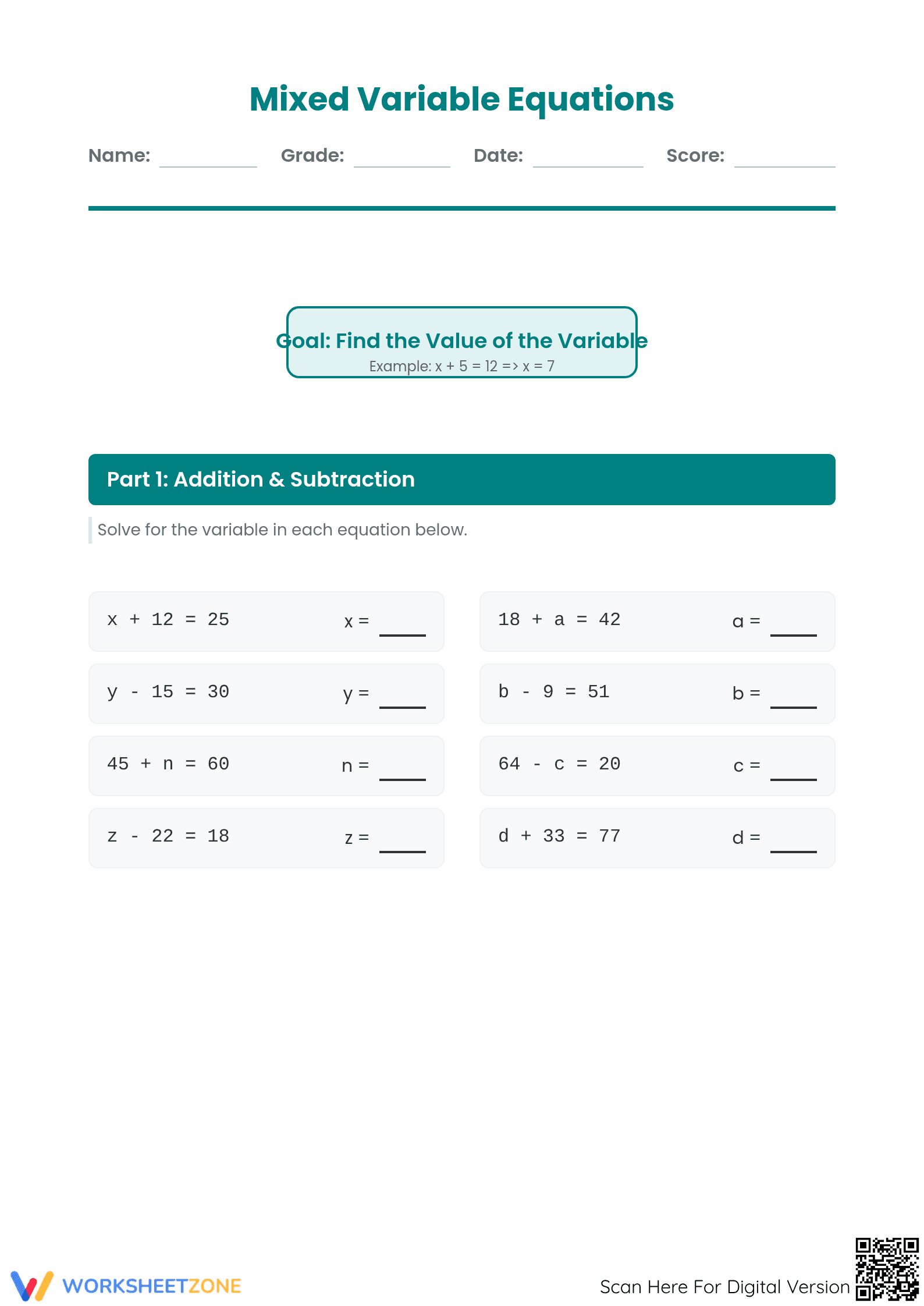 Mixed Find the Variable Worksheet | Grade 3 Printable - Page 1