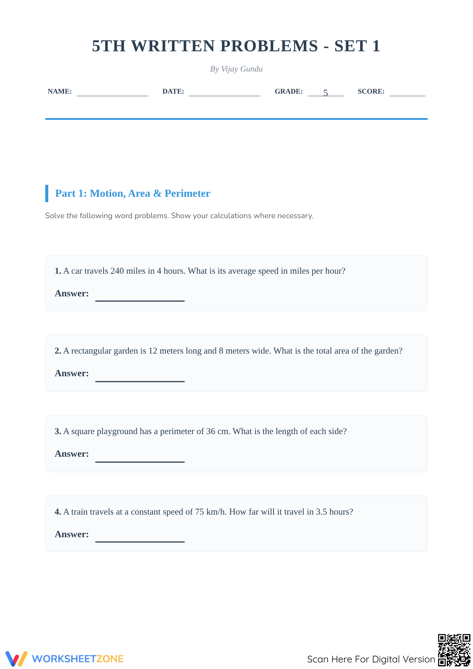 Essential Grade 5 Math Word Problems Worksheet (Set 1) - Page 1
