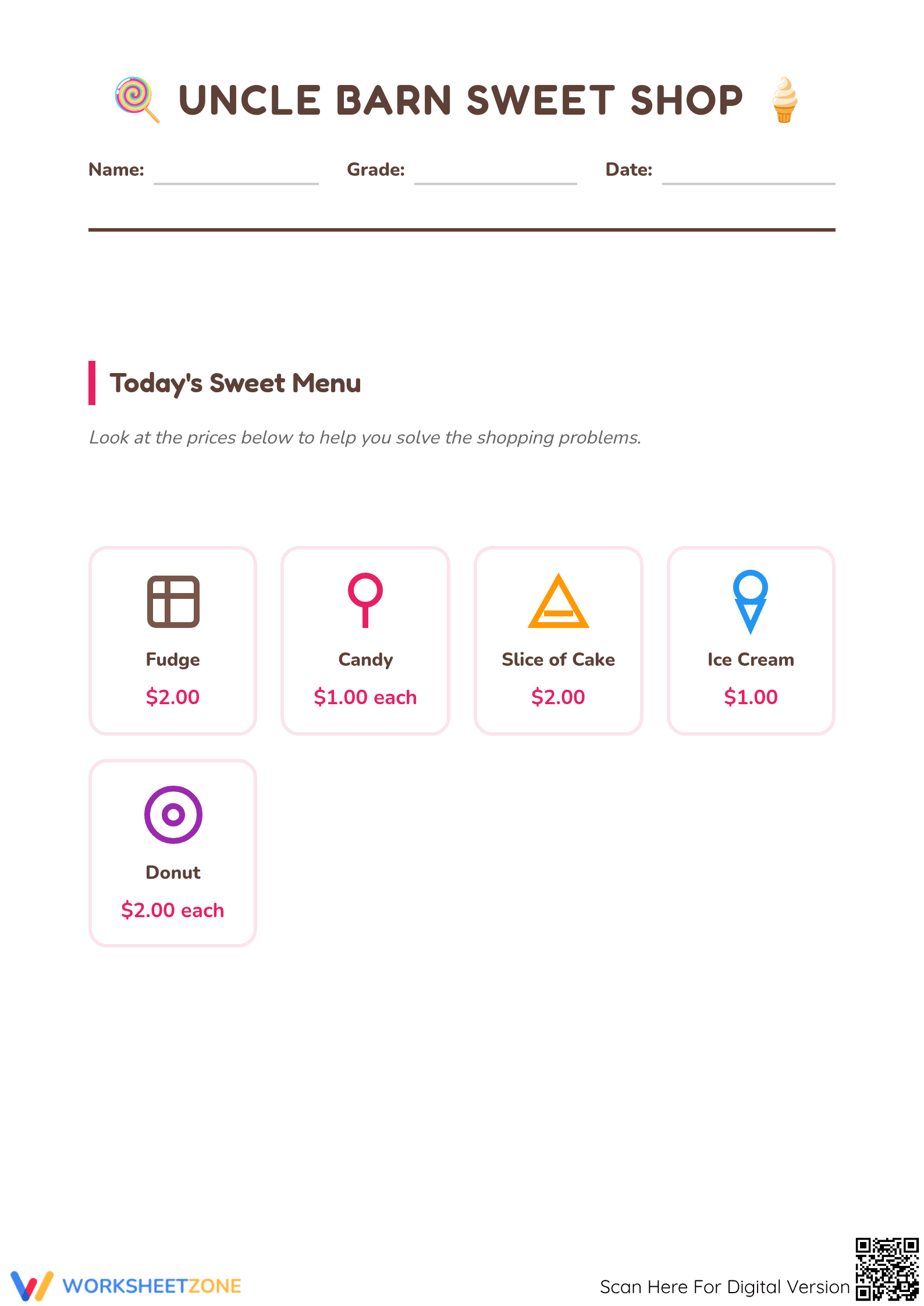 Essential Spending Money Math Worksheet | Grades 2-4 - Page 1