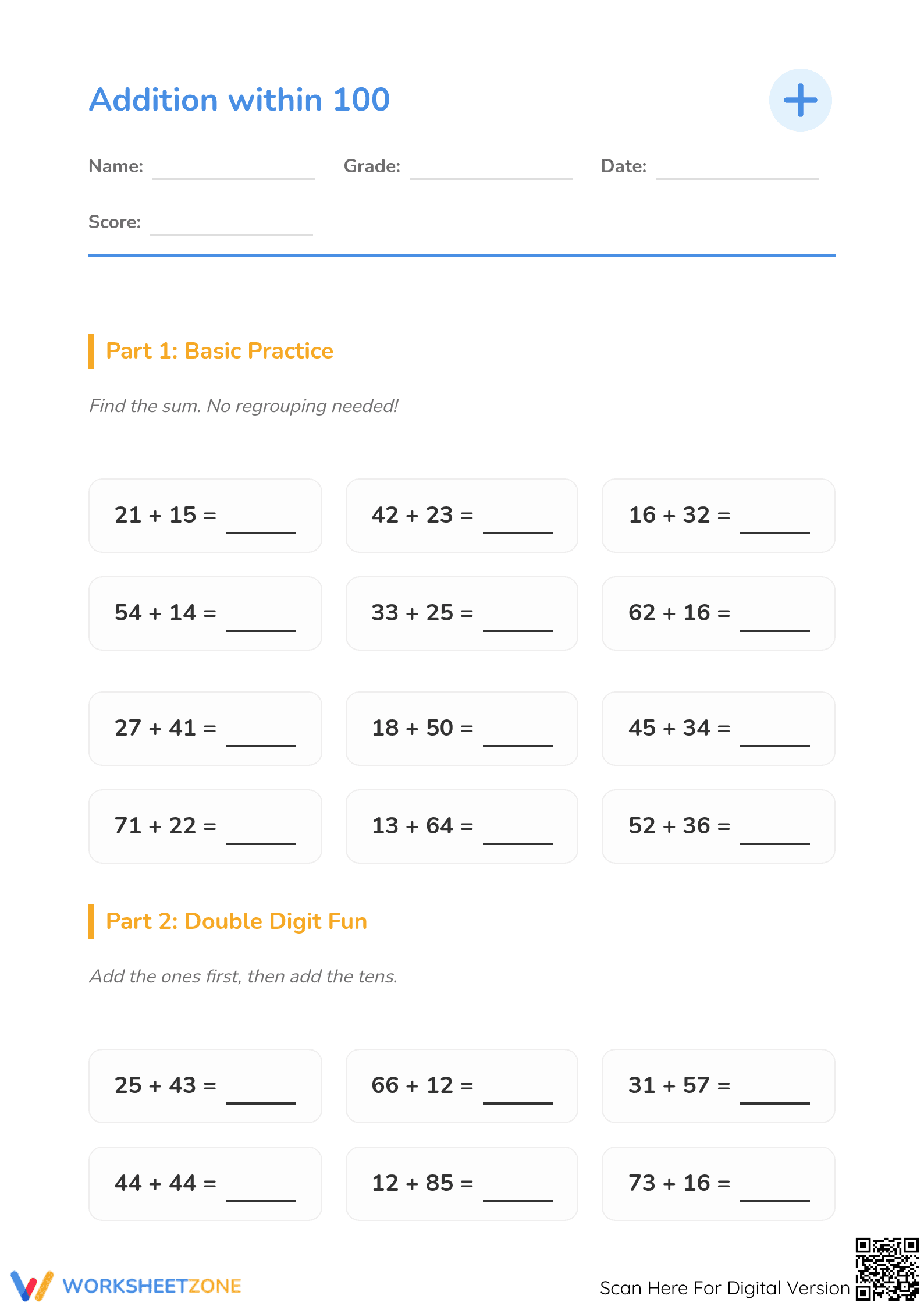Grade 1-2 Addition within 100 — Essential No-Prep Worksheet - Page 1