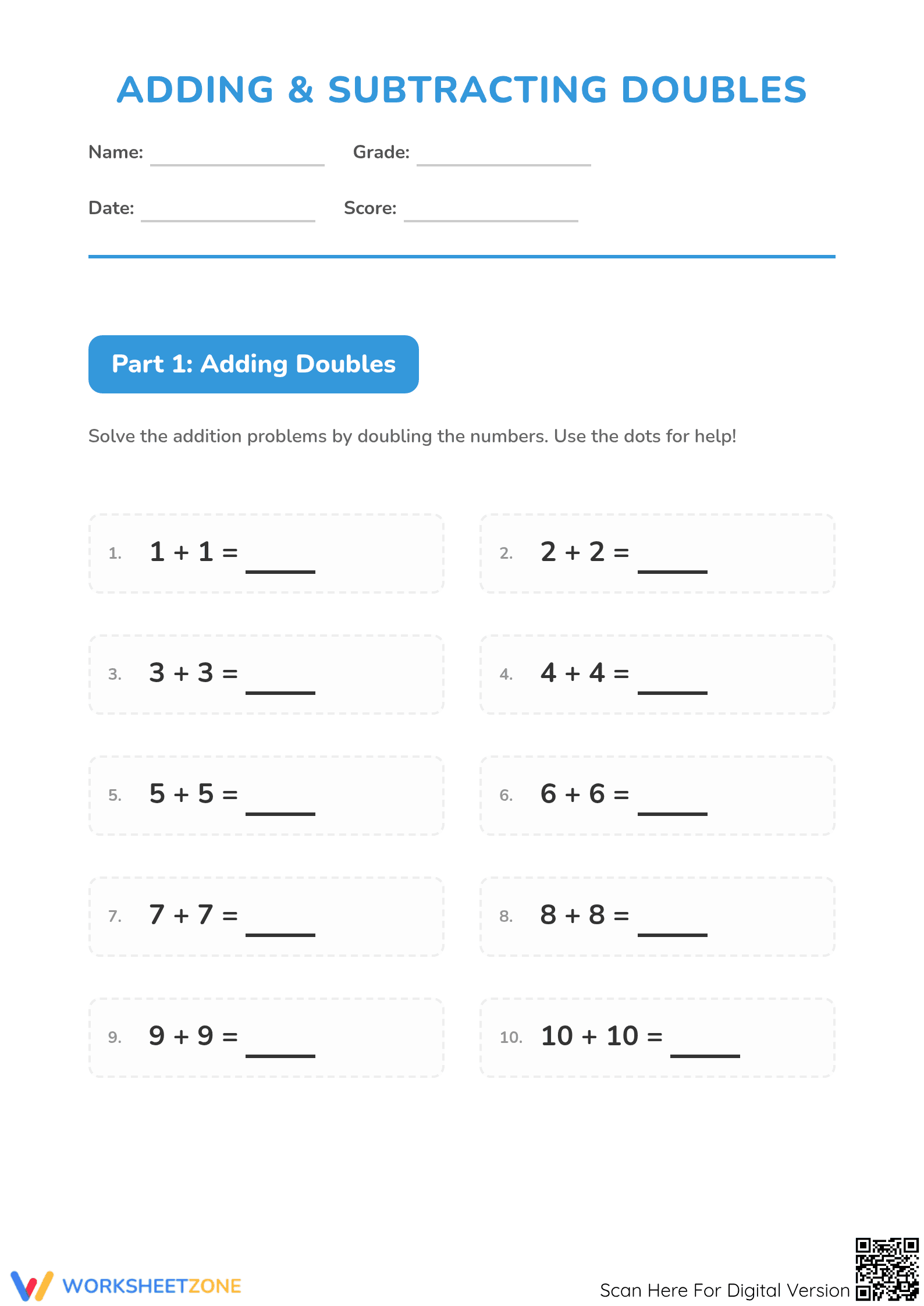 Adding & Subtracting Doubles | Essential Grade 1 Math - Page 1