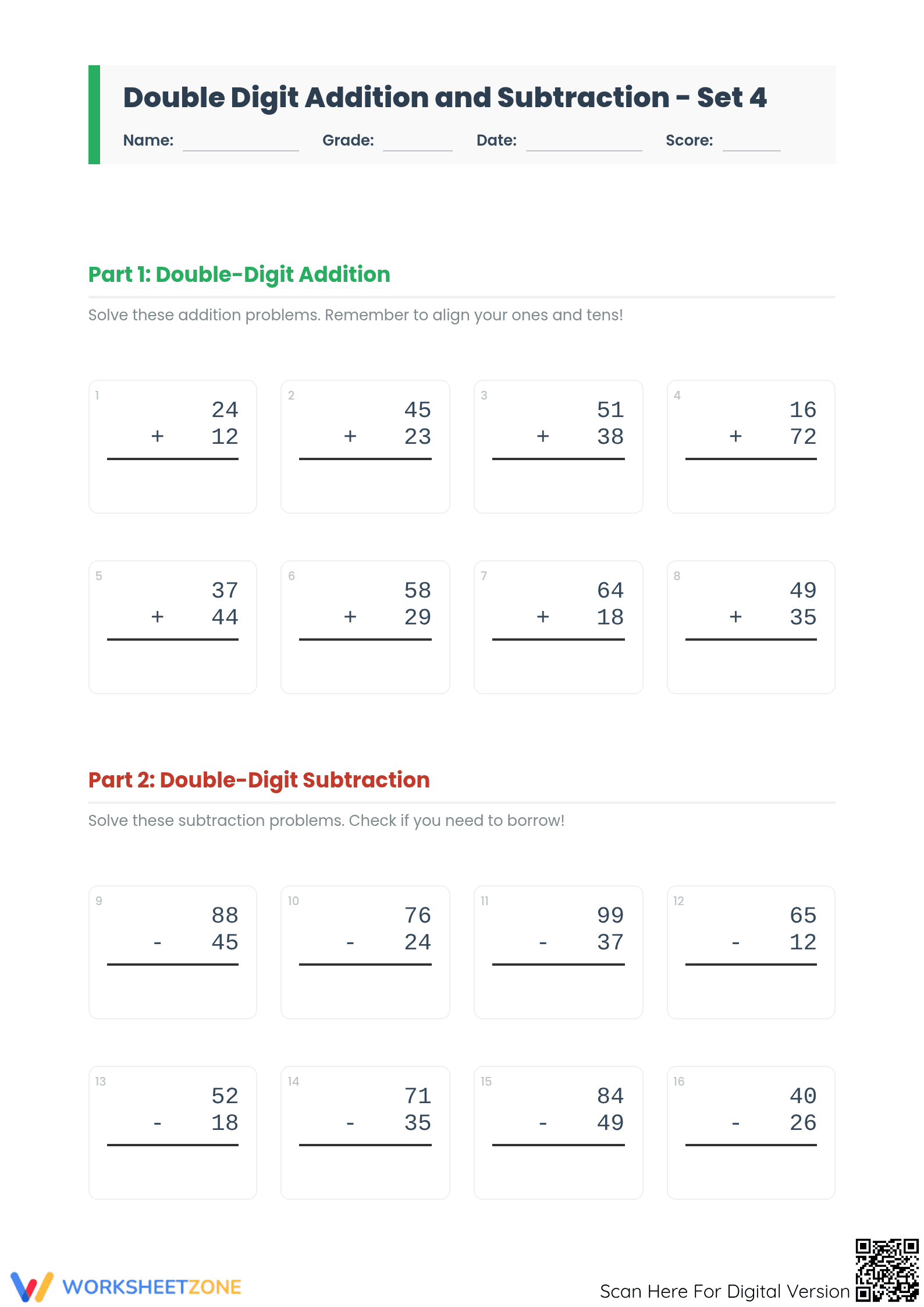 Essential Double Digit Addition and Subtraction Set 4 - Page 1