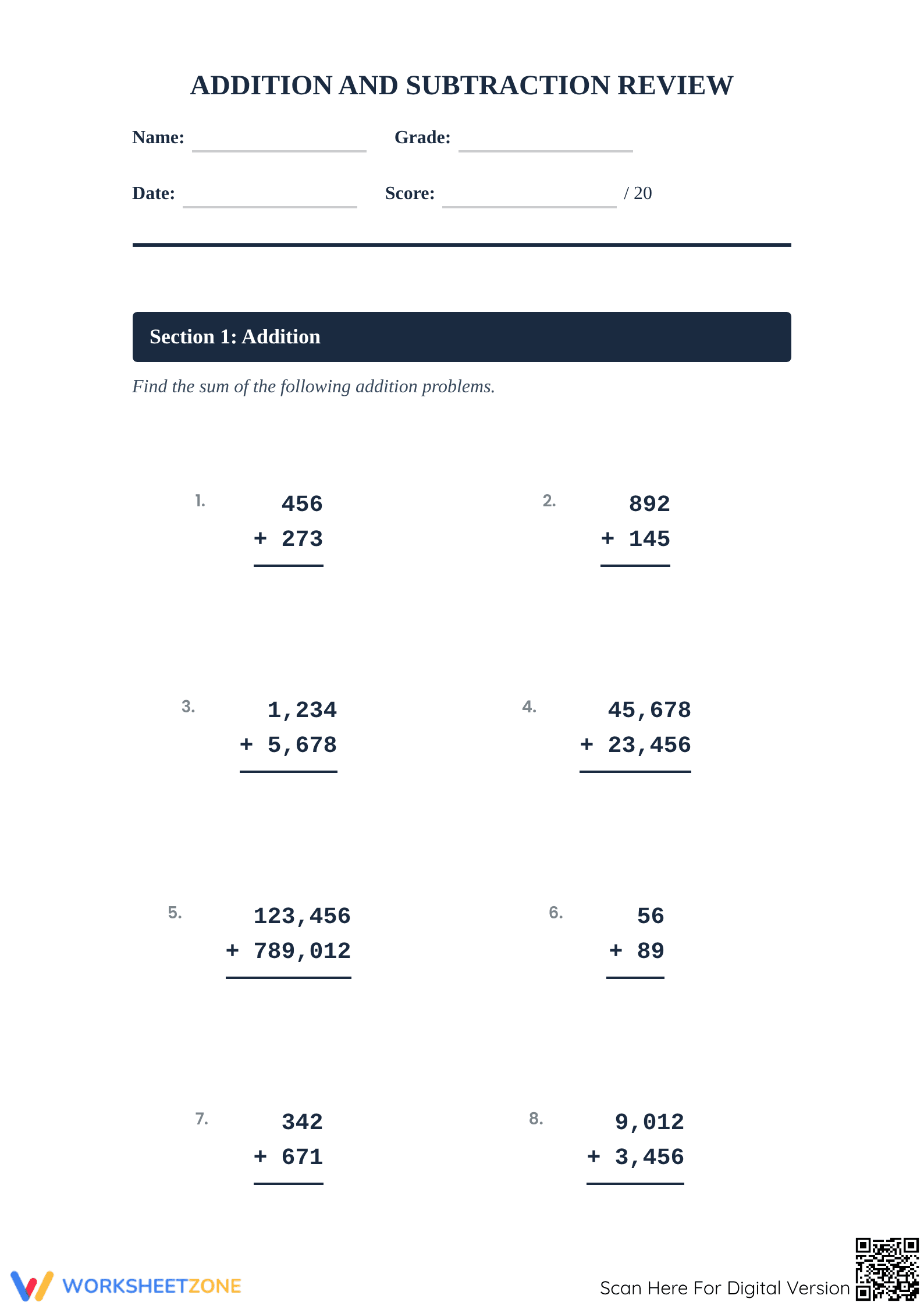Printable Addition & Subtraction Review Worksheet | Grade 4 - Page 1