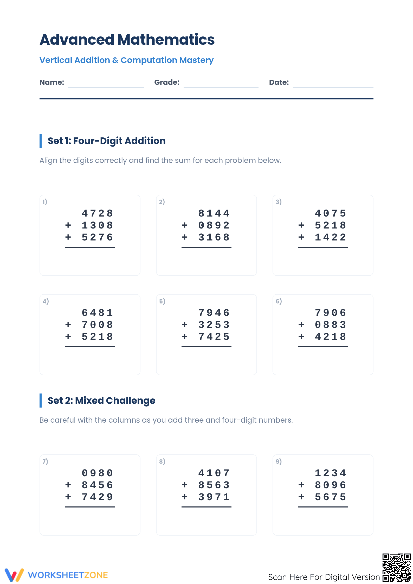 Printable Multi-Digit Addition Worksheet | Grade 4 Math - Page 1