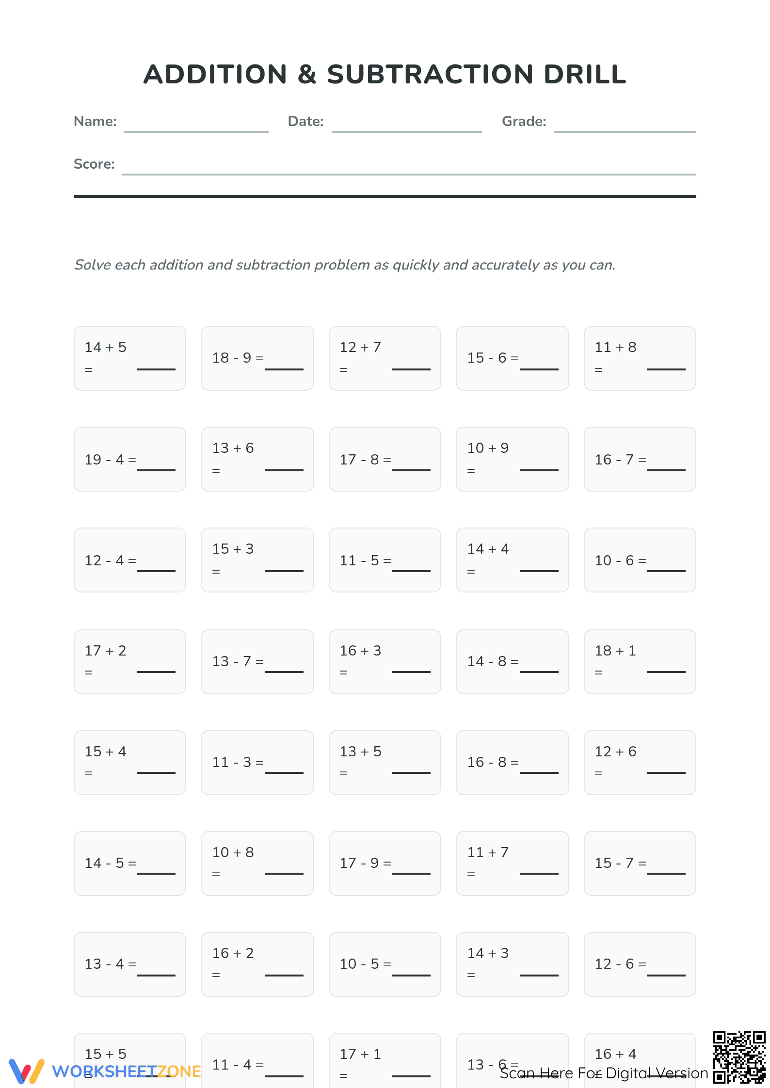 Essential Add and Subtract within 20 Drill — Grade 2 Math - Page 1