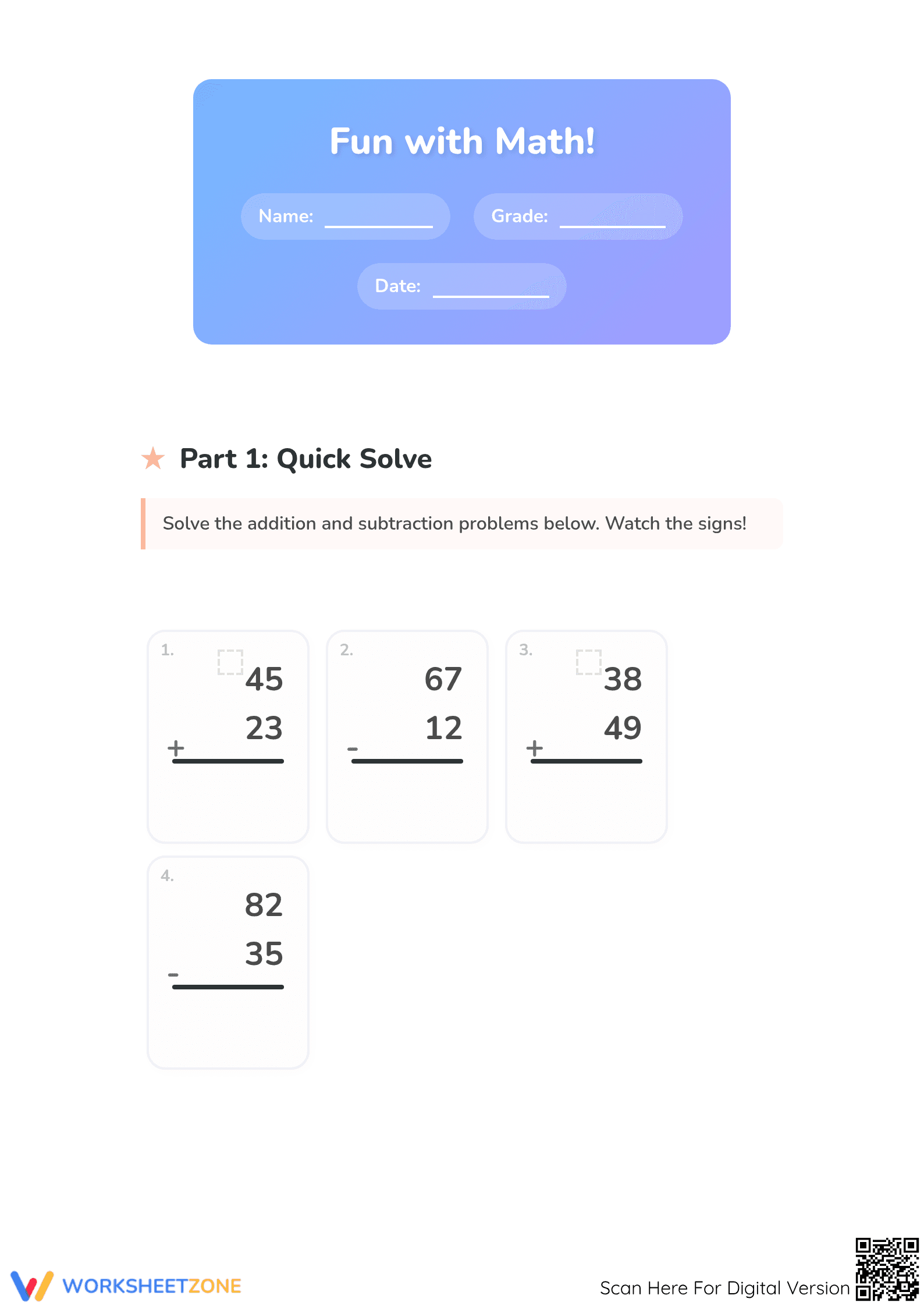 Essential 2-Digit Addition and Subtraction Worksheet - Page 1