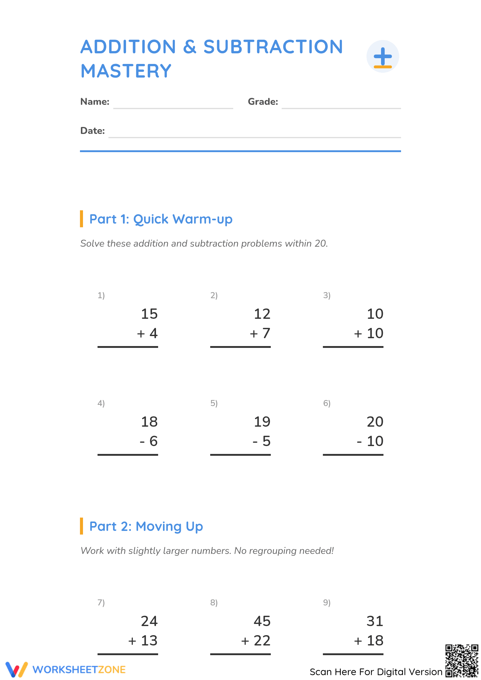 Printable Grade 2 Addition and Subtraction Mastery Worksheet - Page 1