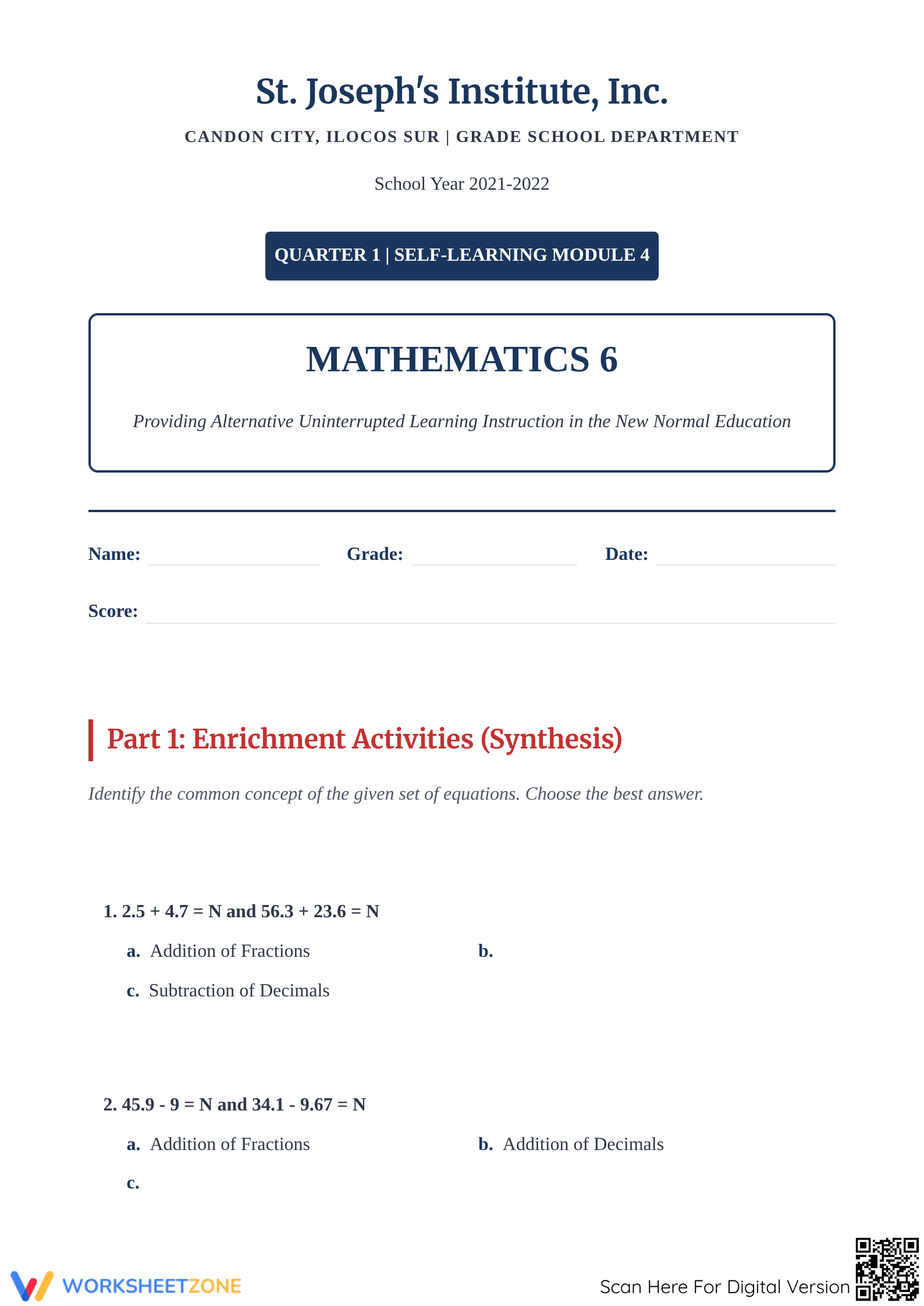 Printable Decimal Addition & Subtraction Worksheet | Grade 6 - Page 1