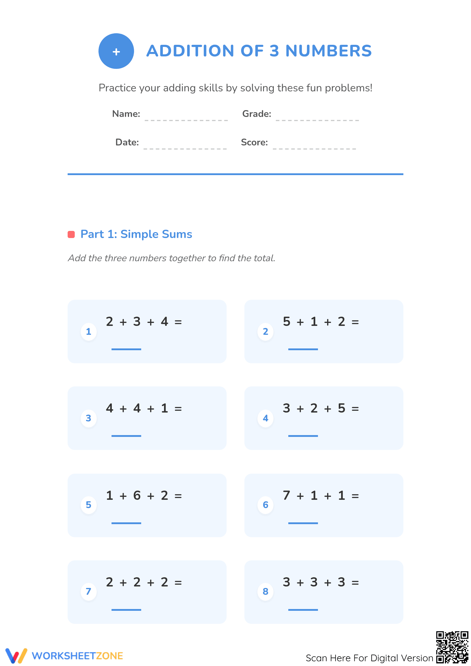 Printable Addition of 3 Numbers Worksheet | Grade 1-2 - Page 1